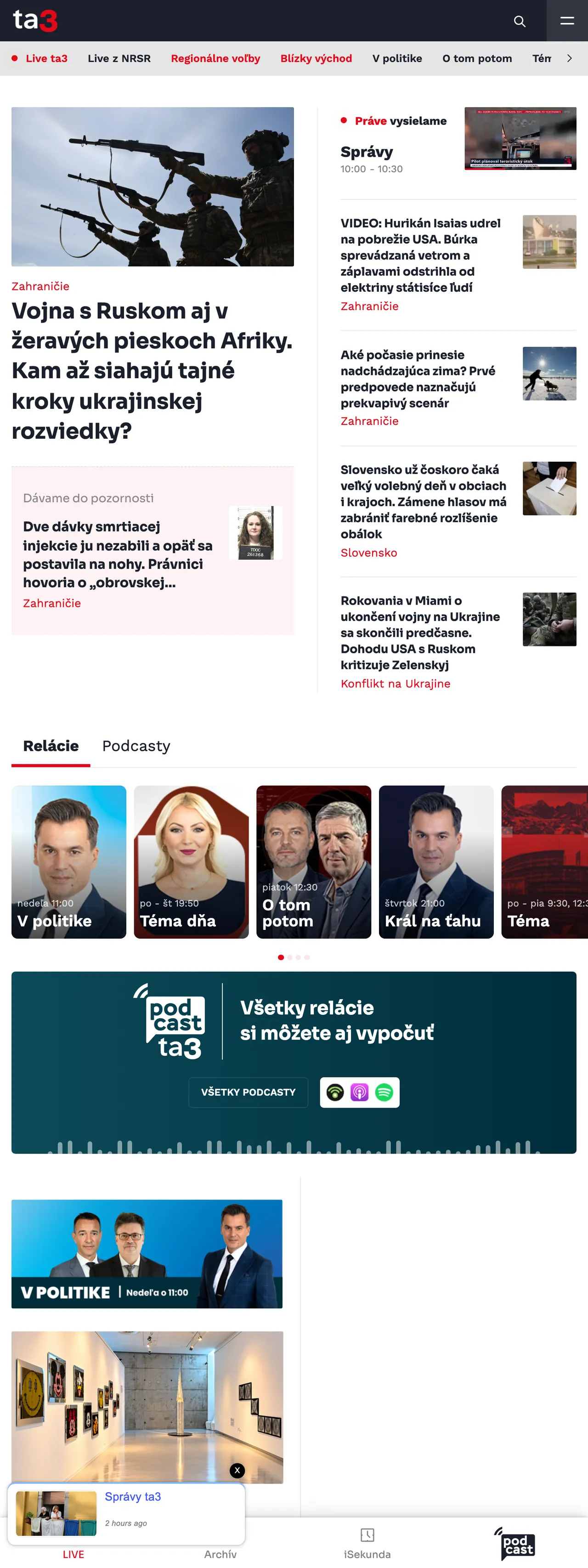 Screenshot of the TA3 front page