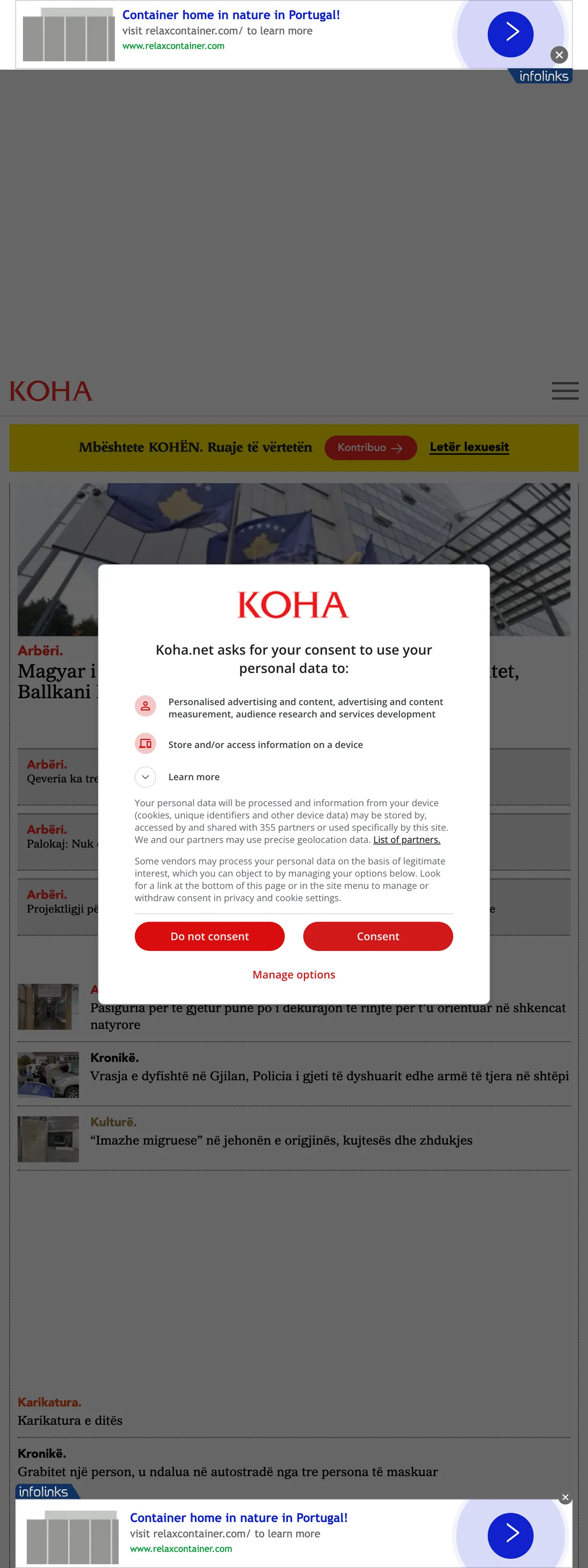Screenshot of the Koha Ditore front page