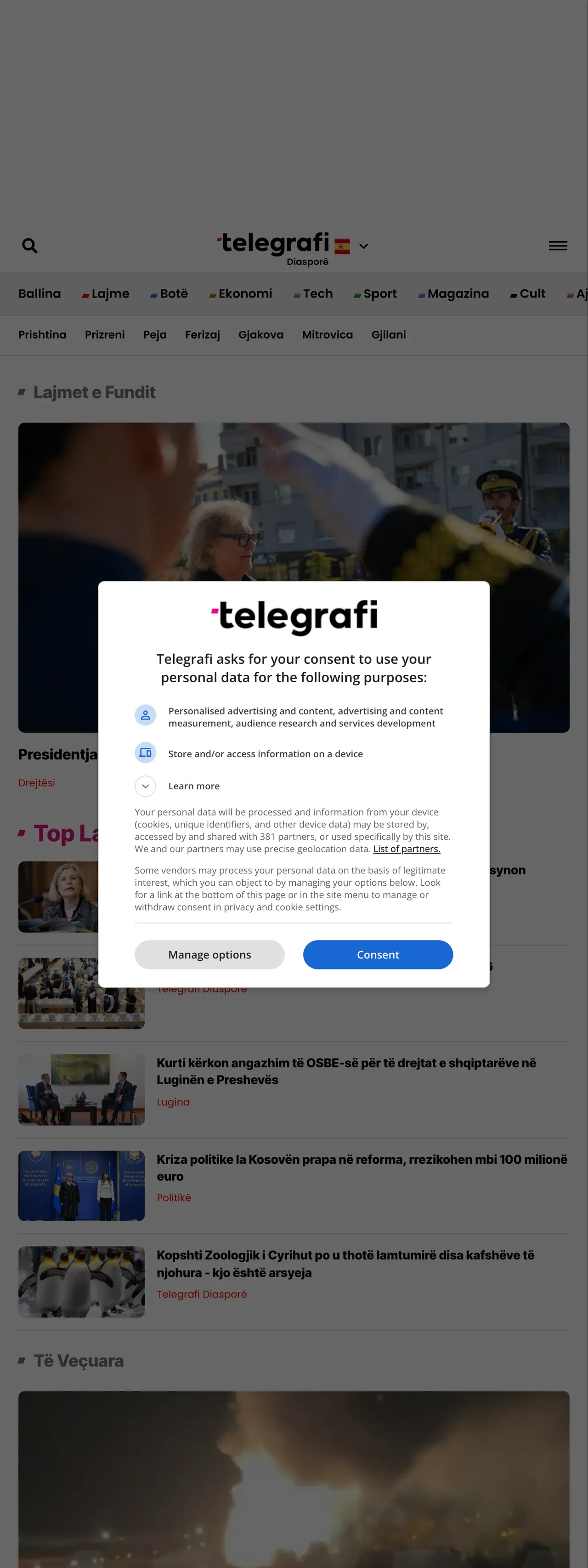 Screenshot of the Telegrafi front page