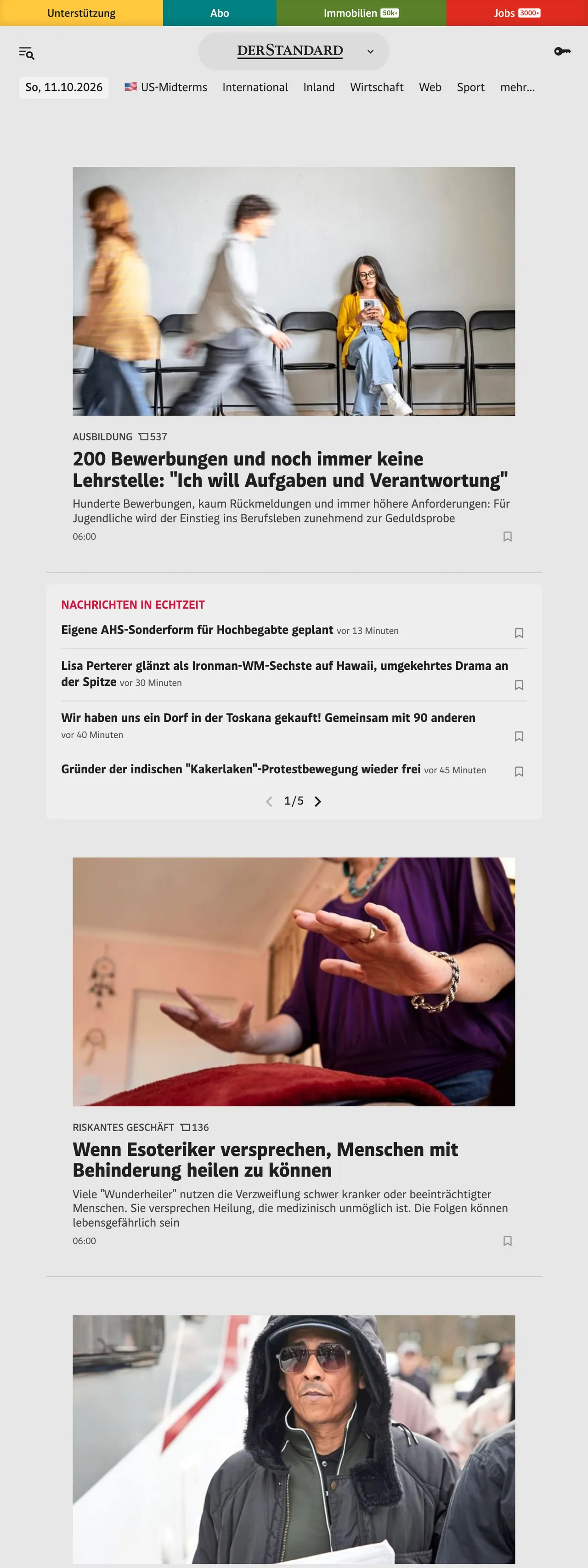 Screenshot of the DER STANDARD front page
