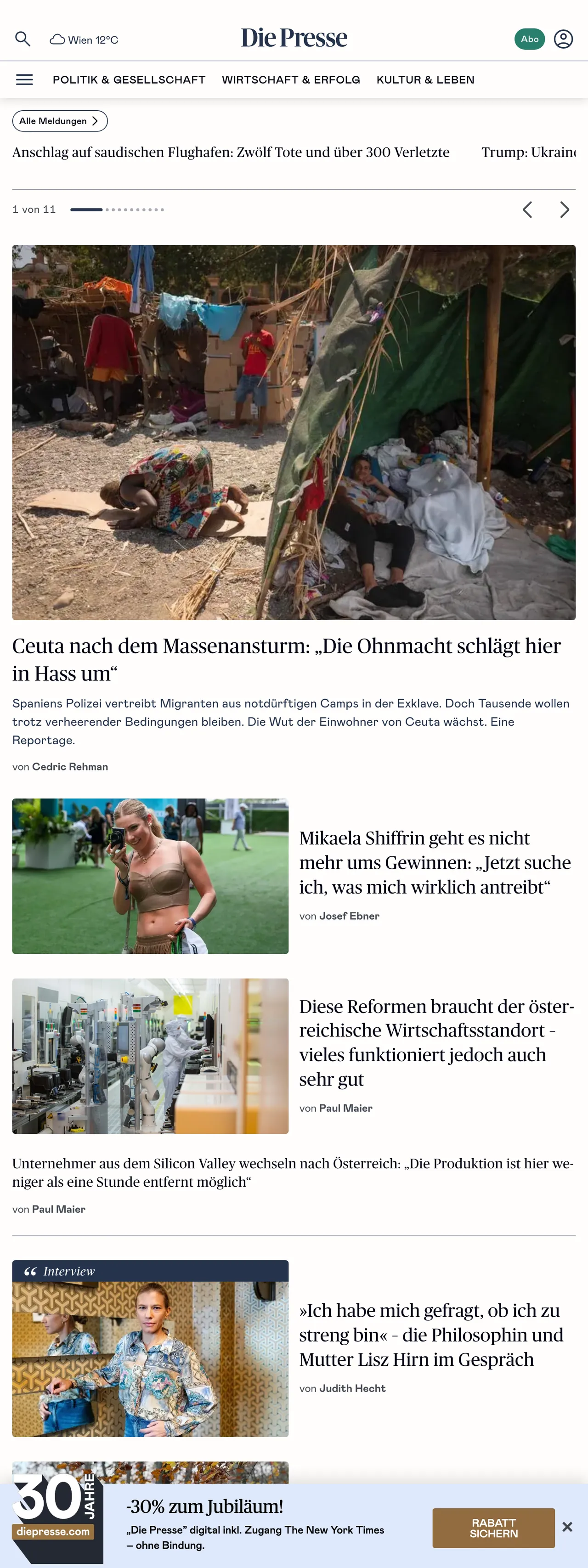 Screenshot of the Die Presse front page