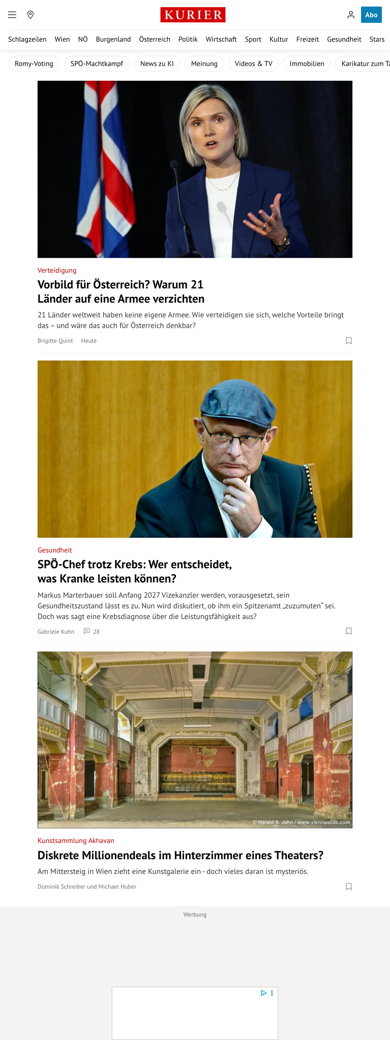 Screenshot of the Kurier front page