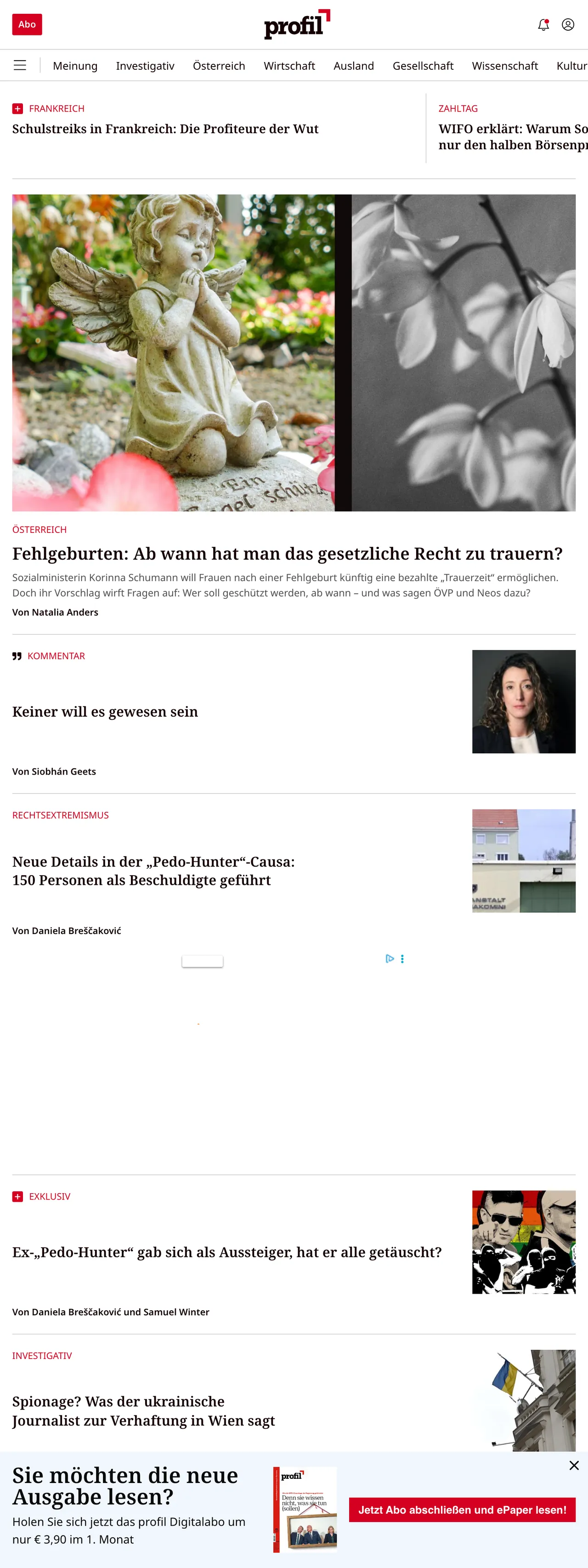 Screenshot of the profil front page