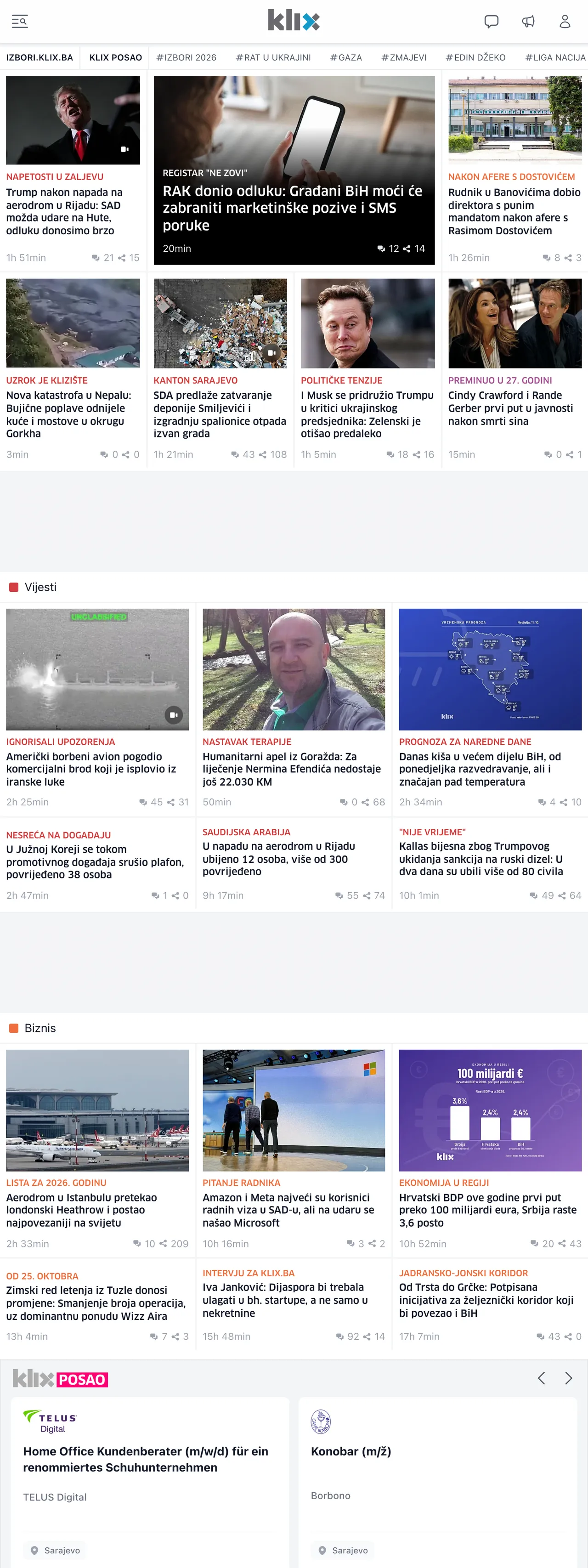 Screenshot of the Klix.ba front page