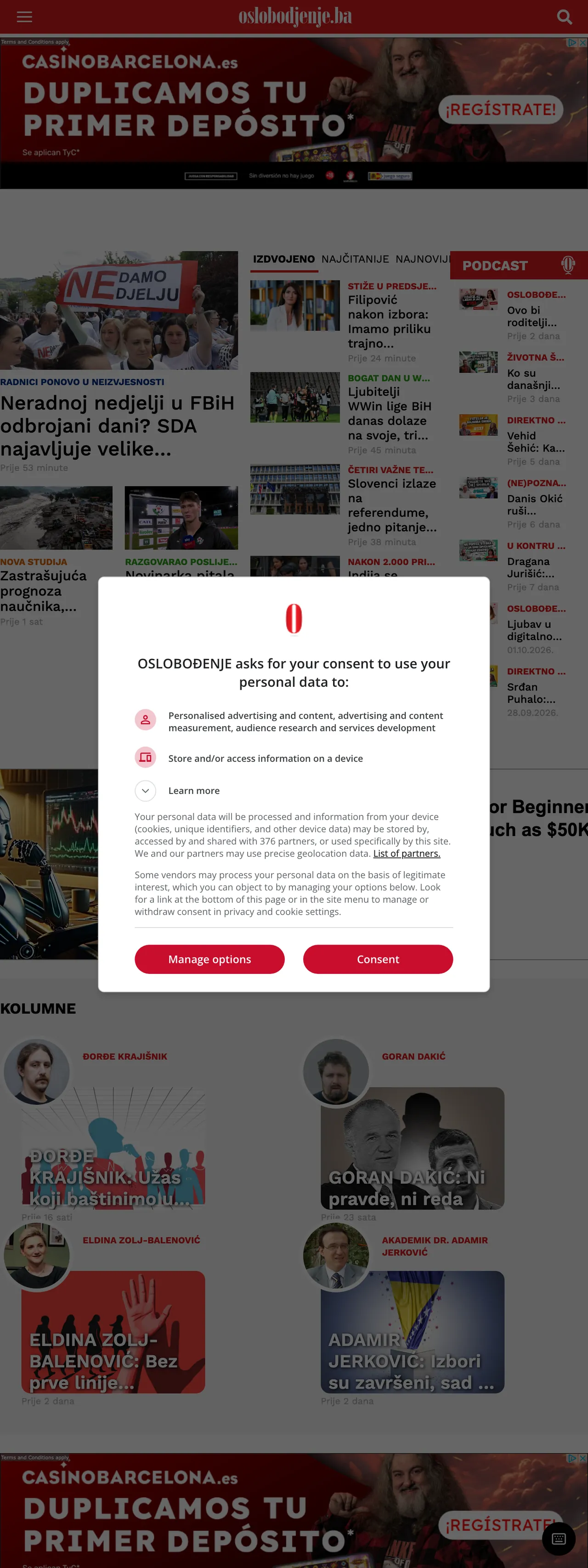 Screenshot of the Oslobođenje front page