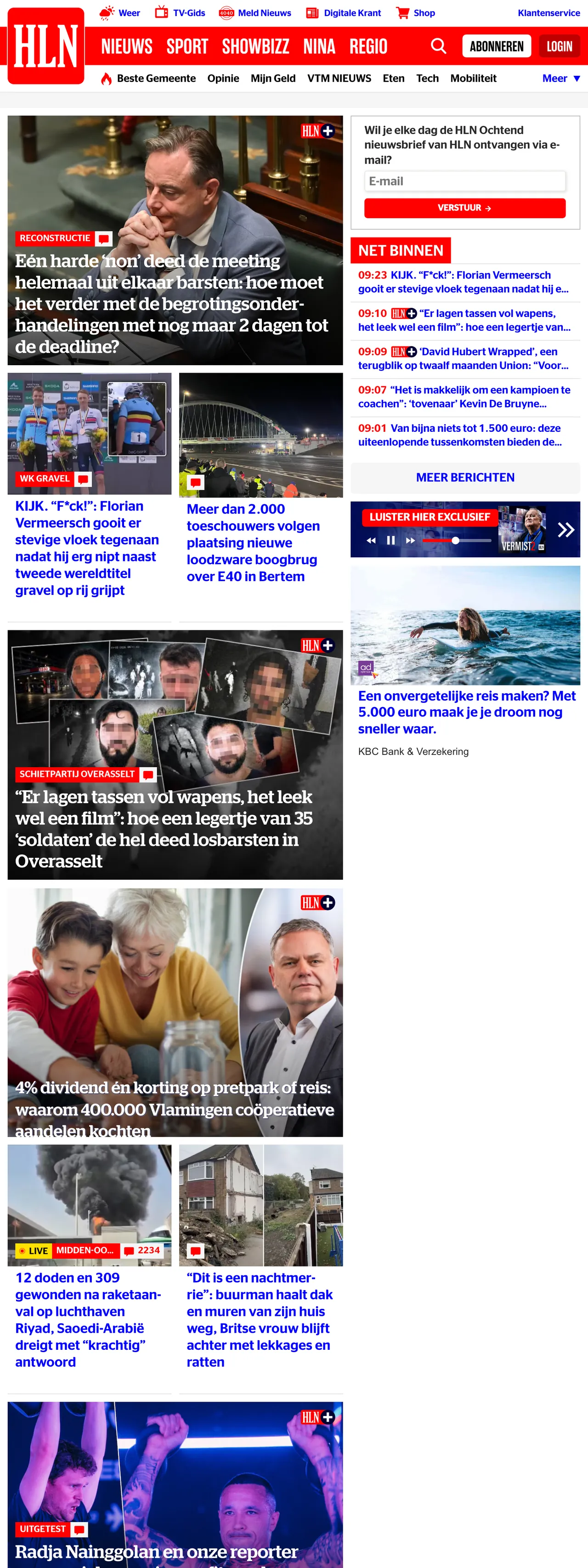 Screenshot of the HLN front page