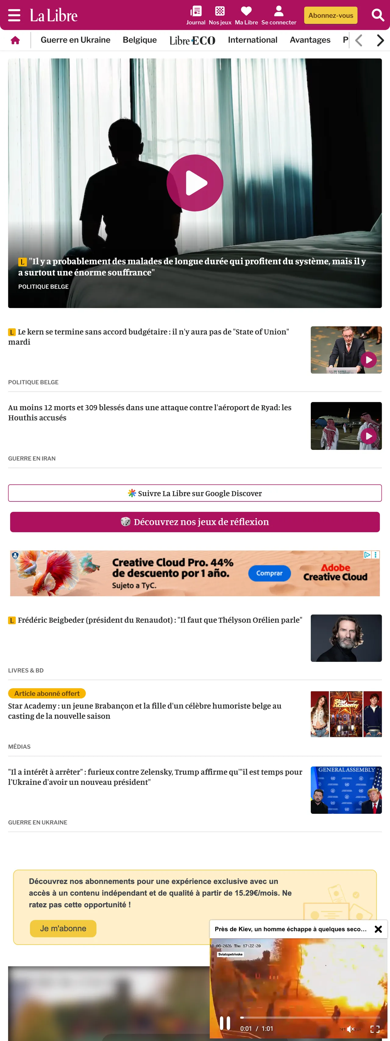 Screenshot of the La Libre front page