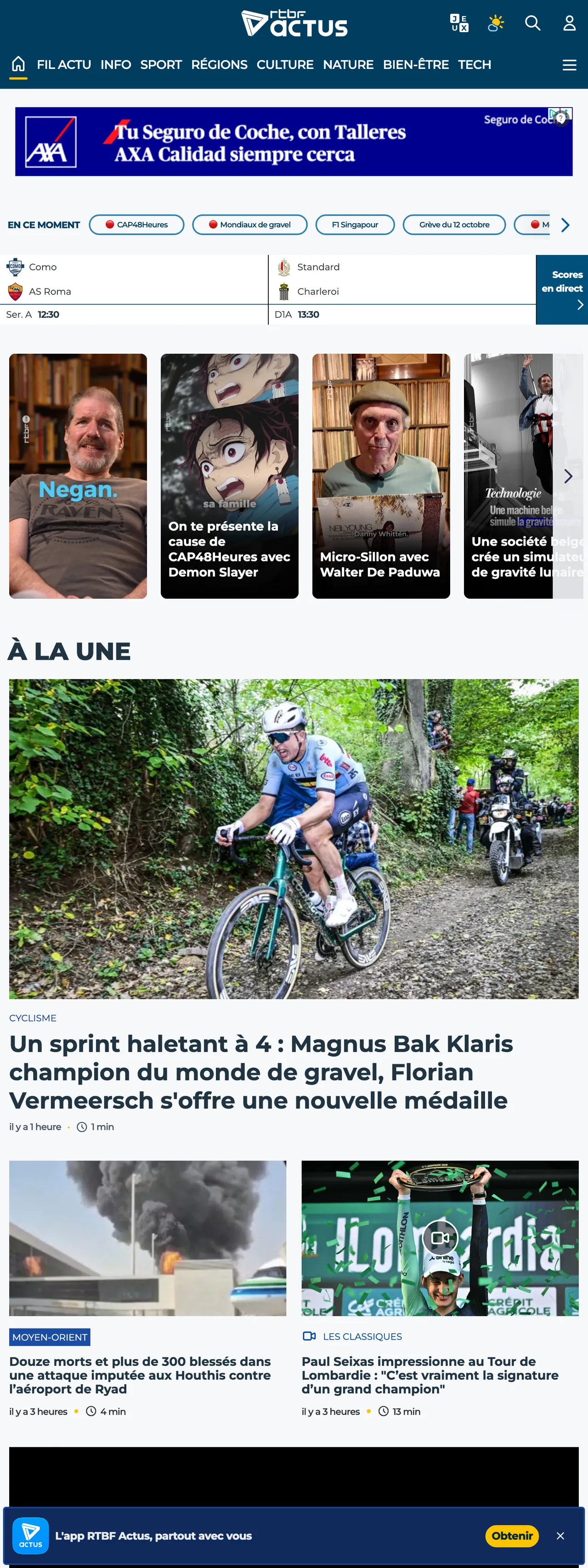 Screenshot of the RTBF front page