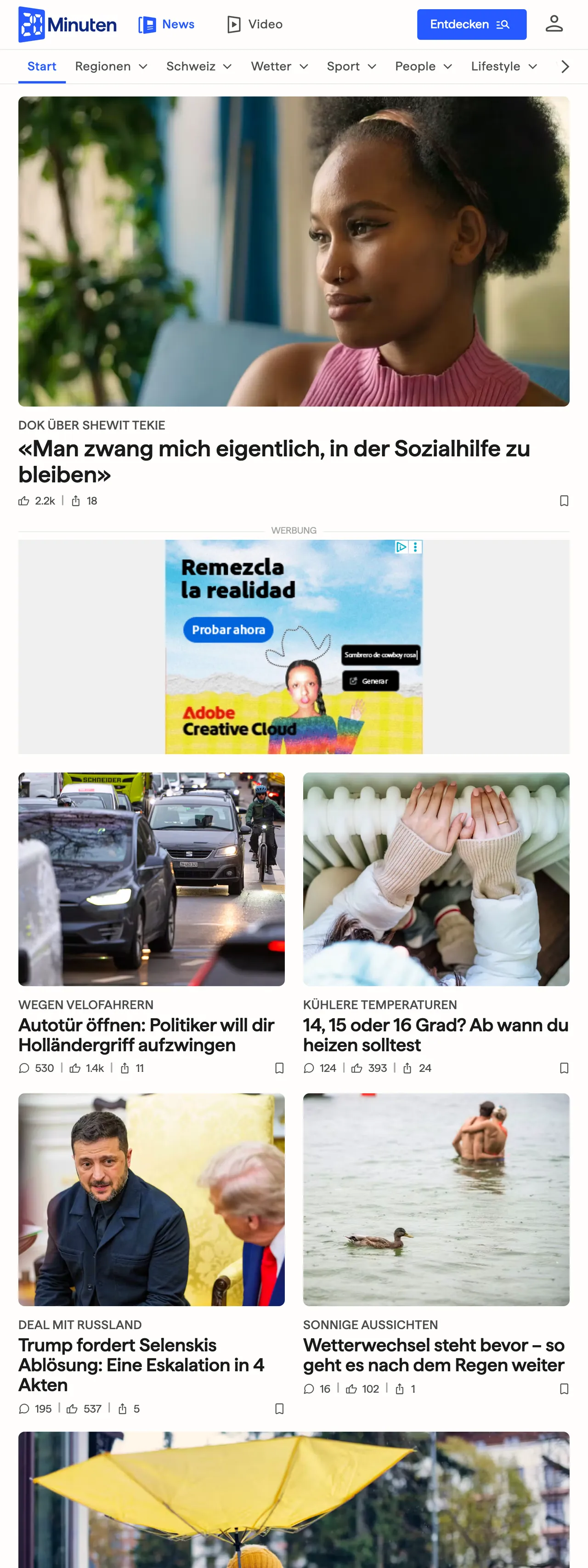 Screenshot of the 20 Minuten front page