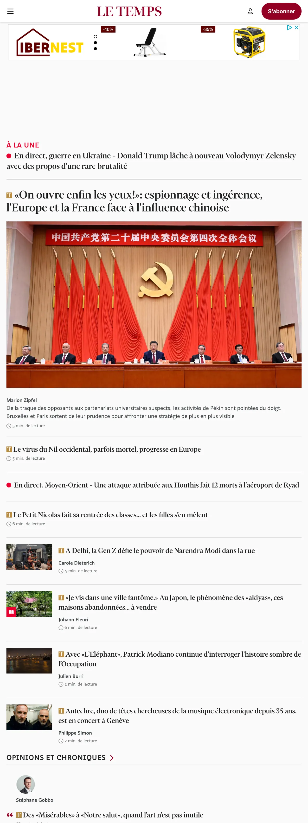 Screenshot of the Le Temps front page