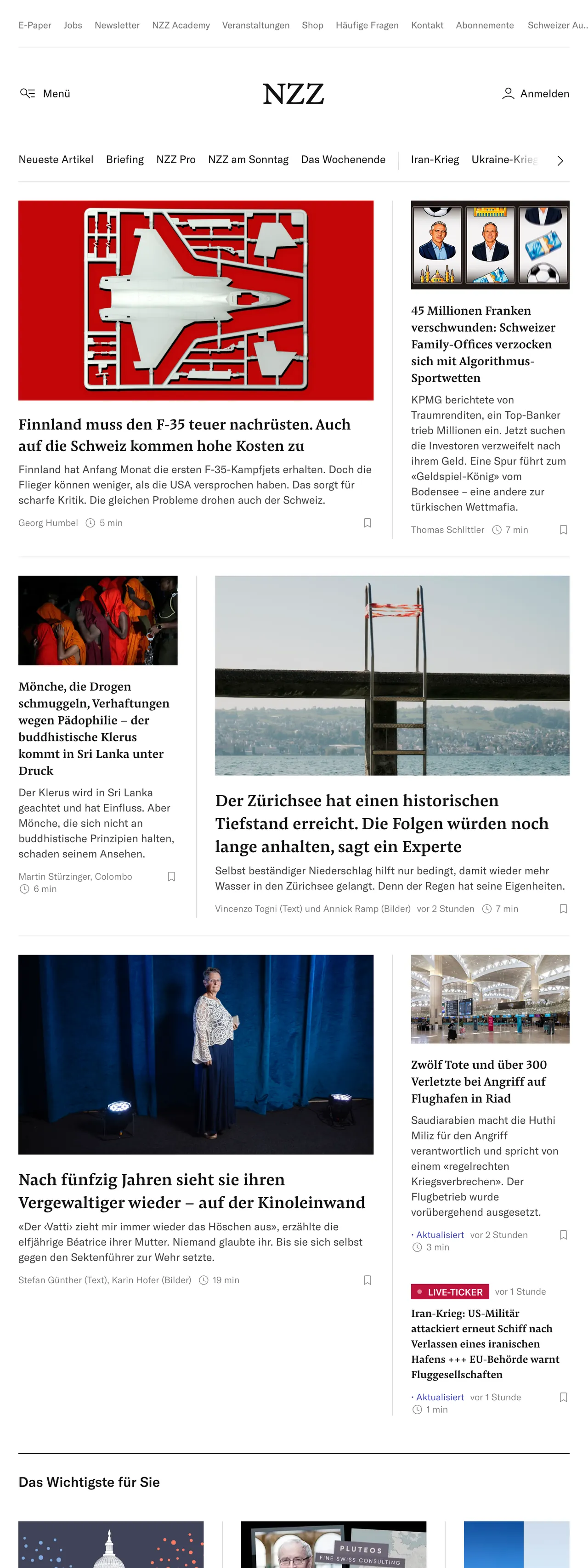 Screenshot of the Neue Zürcher Zeitung front page