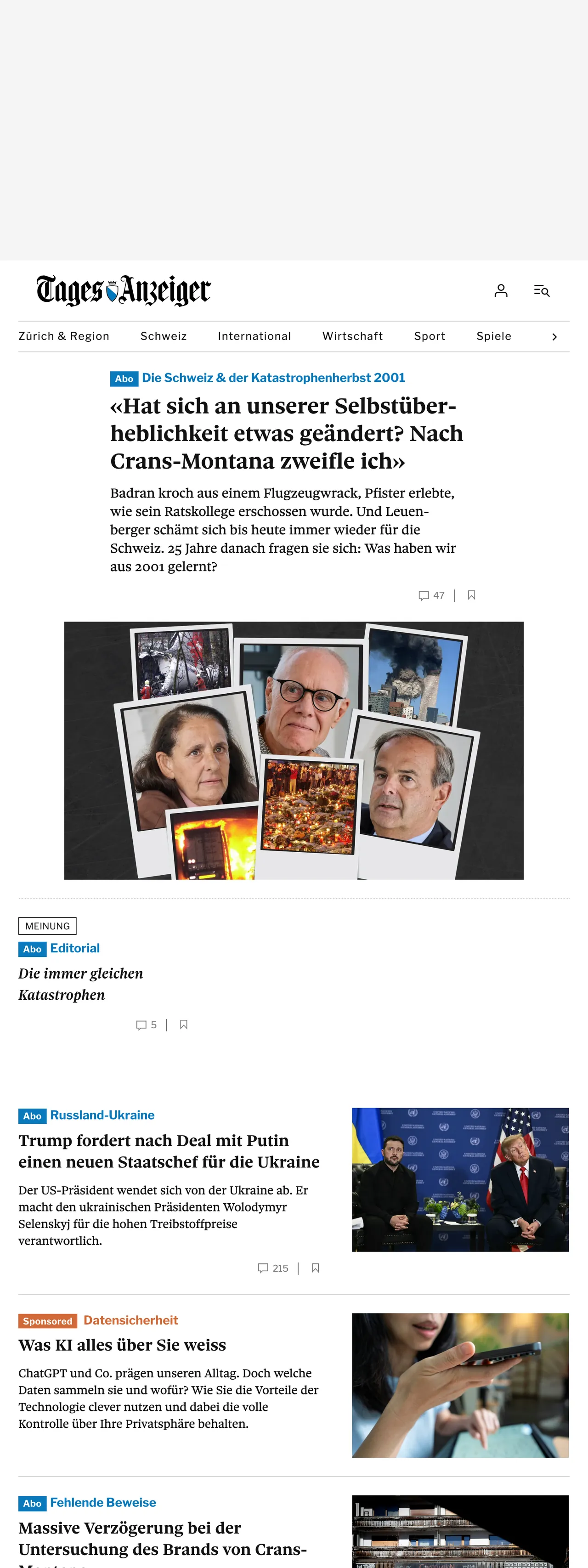 Screenshot of the Tages-Anzeiger front page