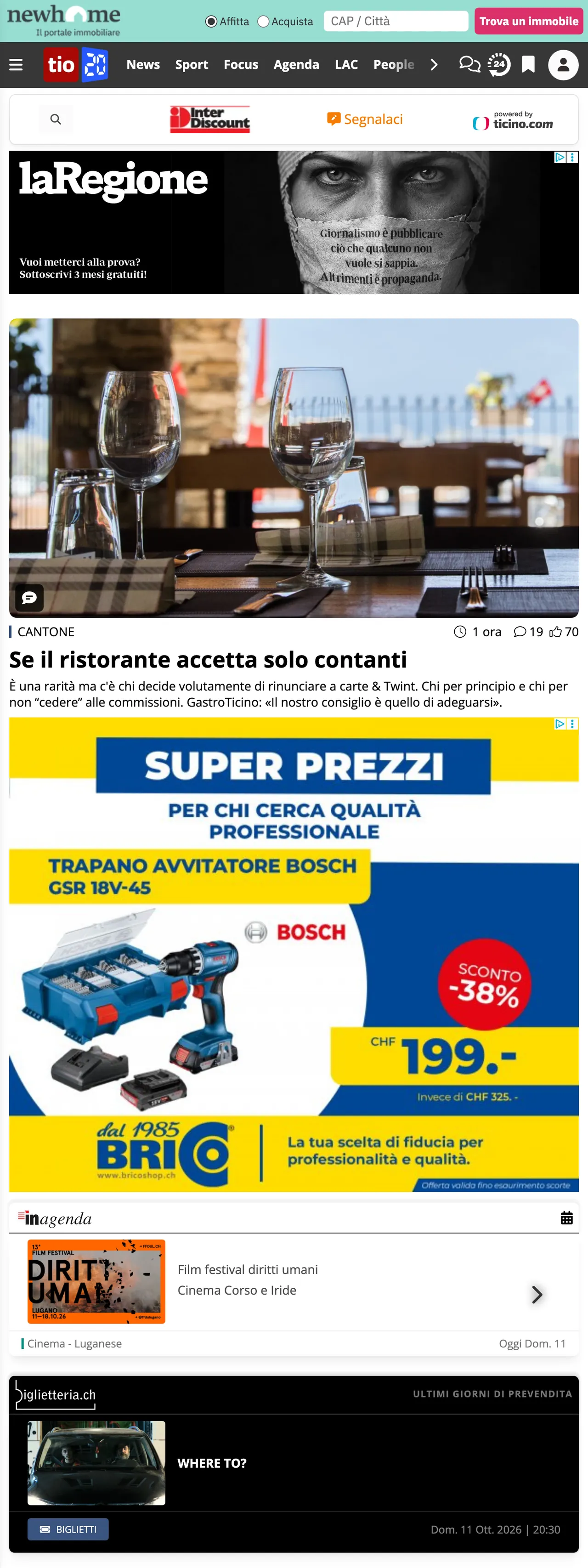 Screenshot of the Ticinonline front page