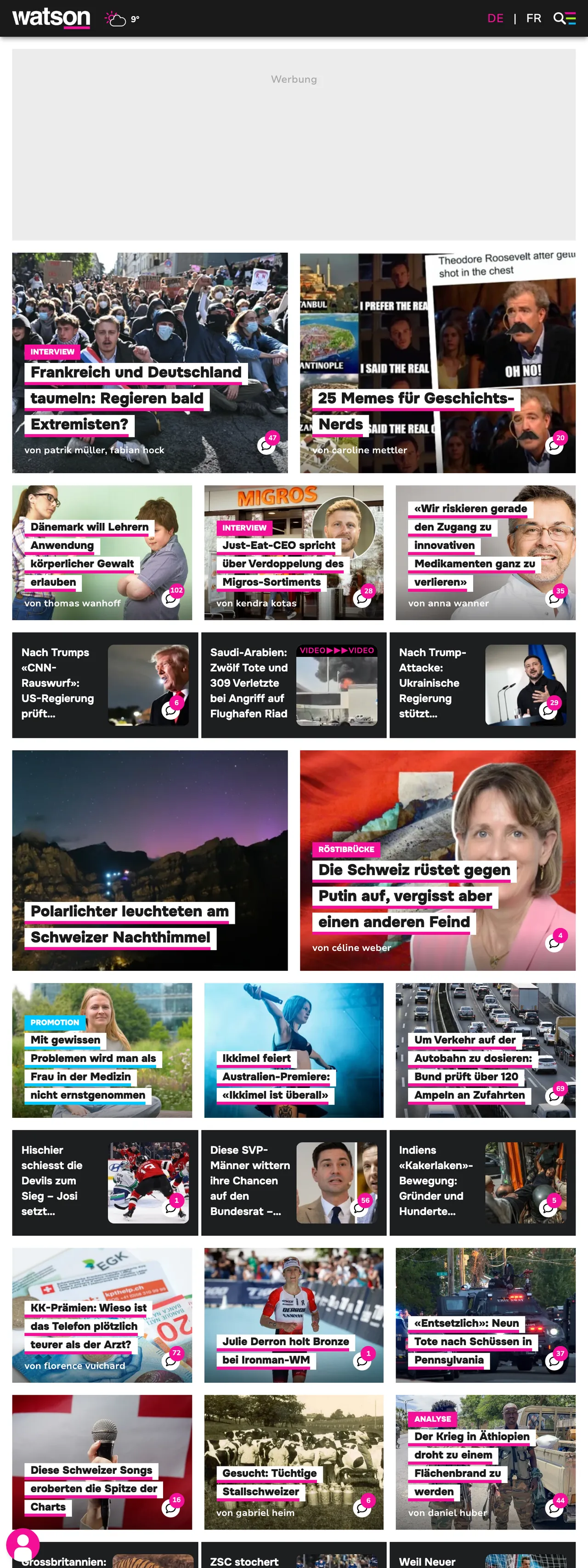 Screenshot of the watson front page
