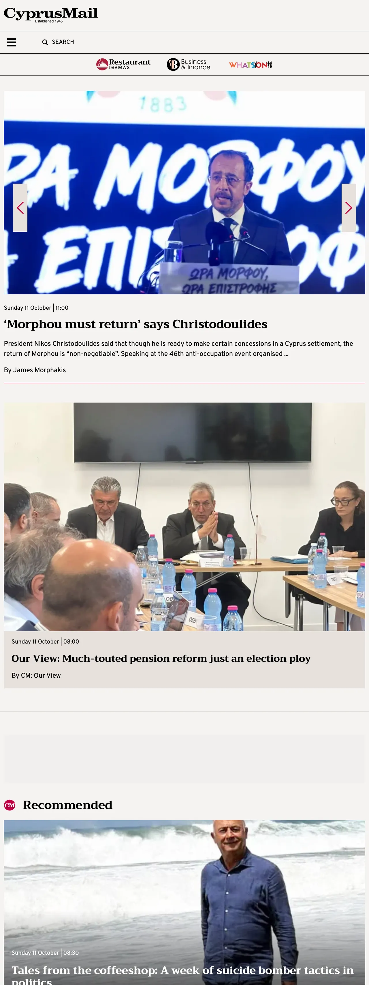 Screenshot of the Cyprus Mail front page
