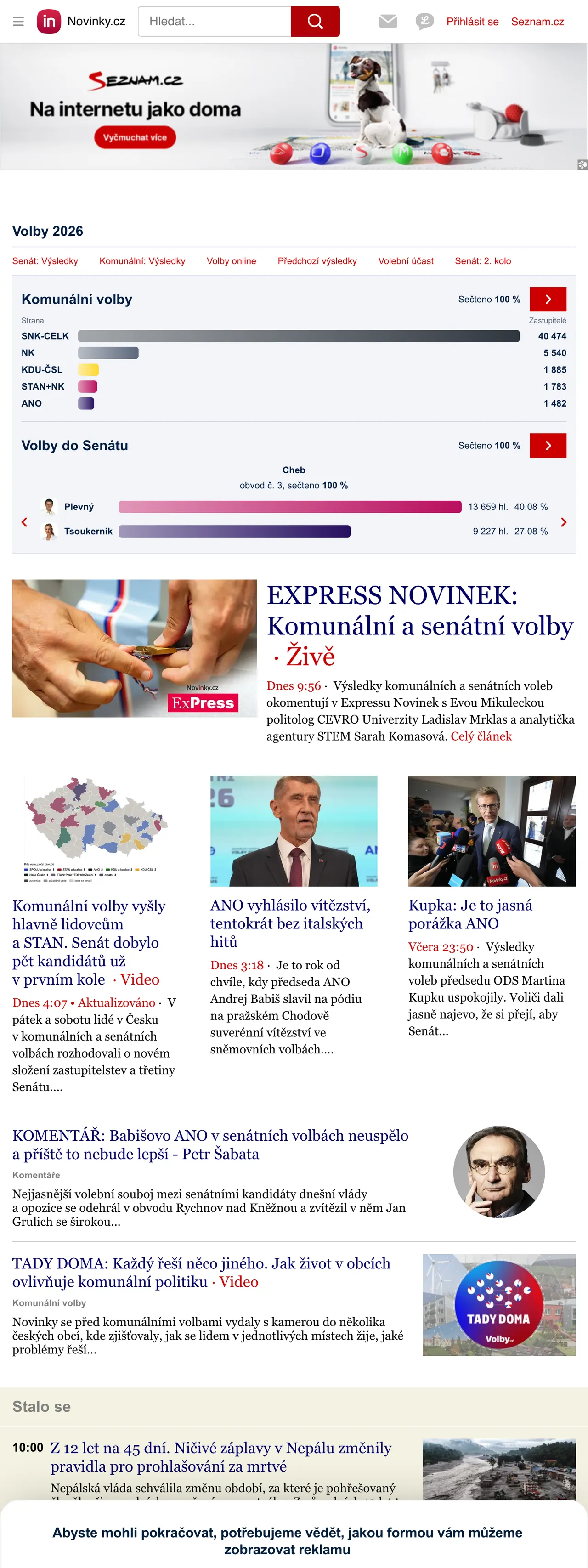 Screenshot of the Novinky.cz front page