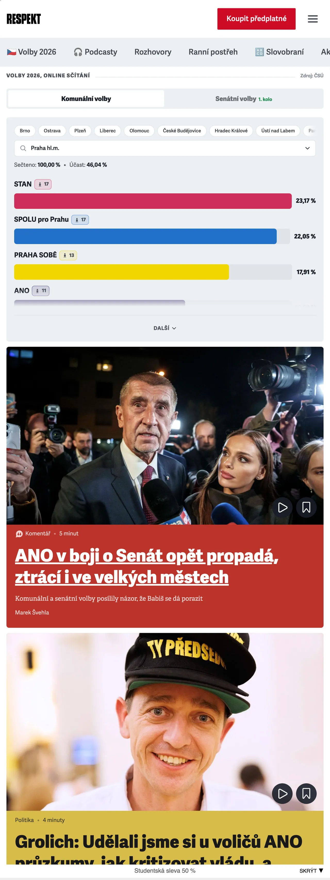 Screenshot of the Respekt front page