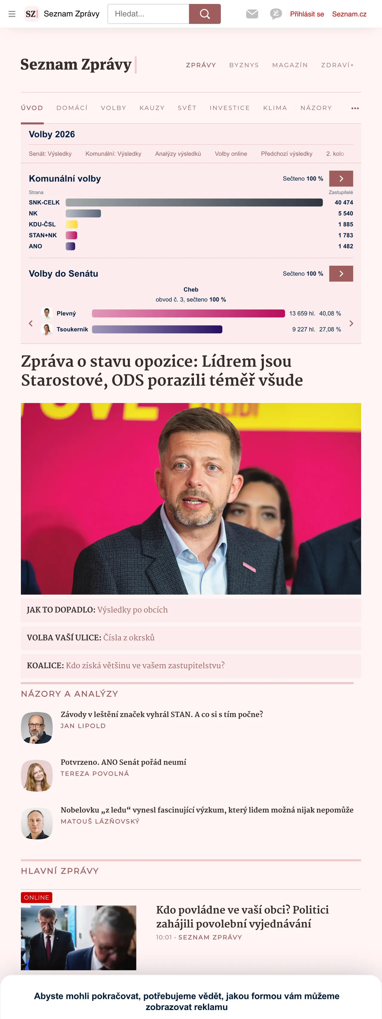 Screenshot of the Seznam Zprávy front page