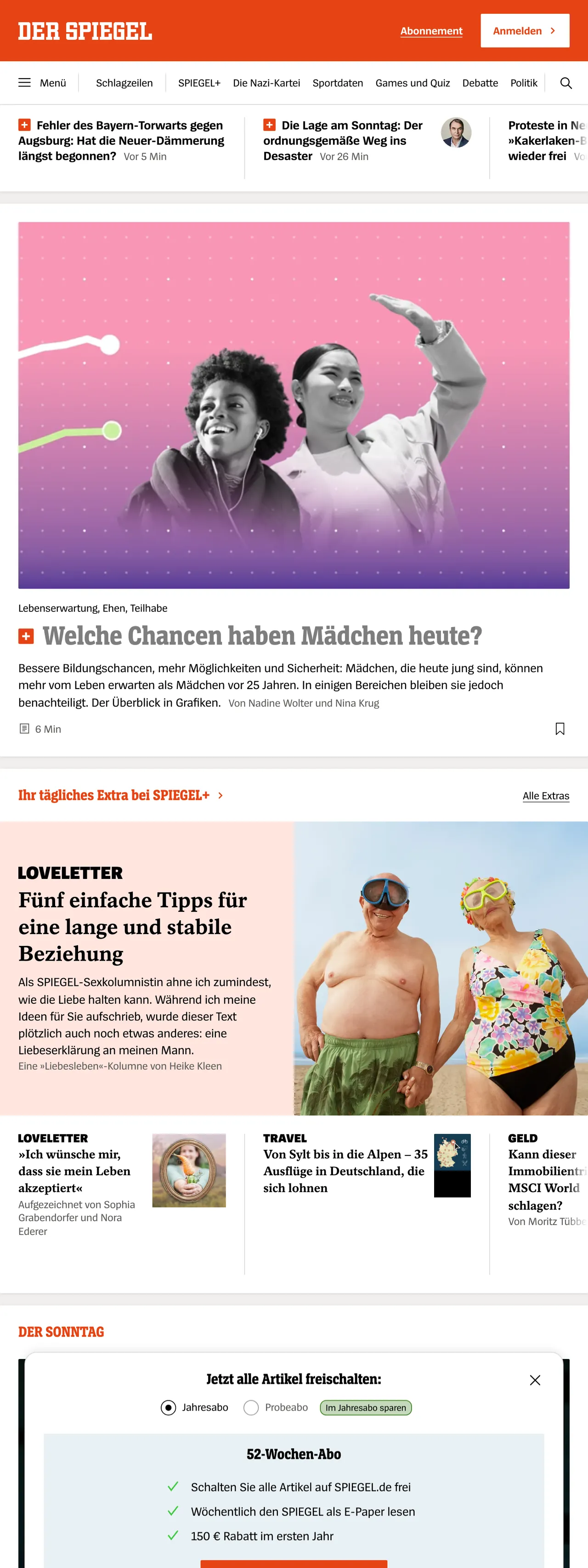 Screenshot of the DER SPIEGEL front page