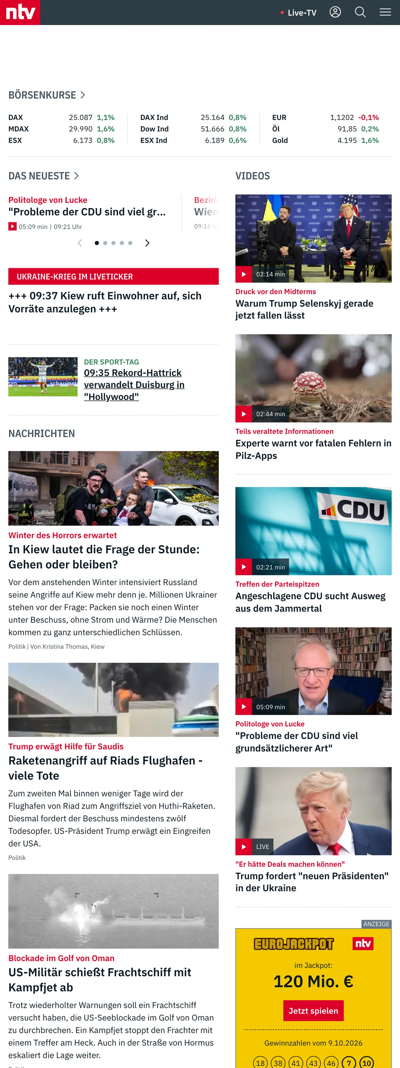 Screenshot of the n-tv front page