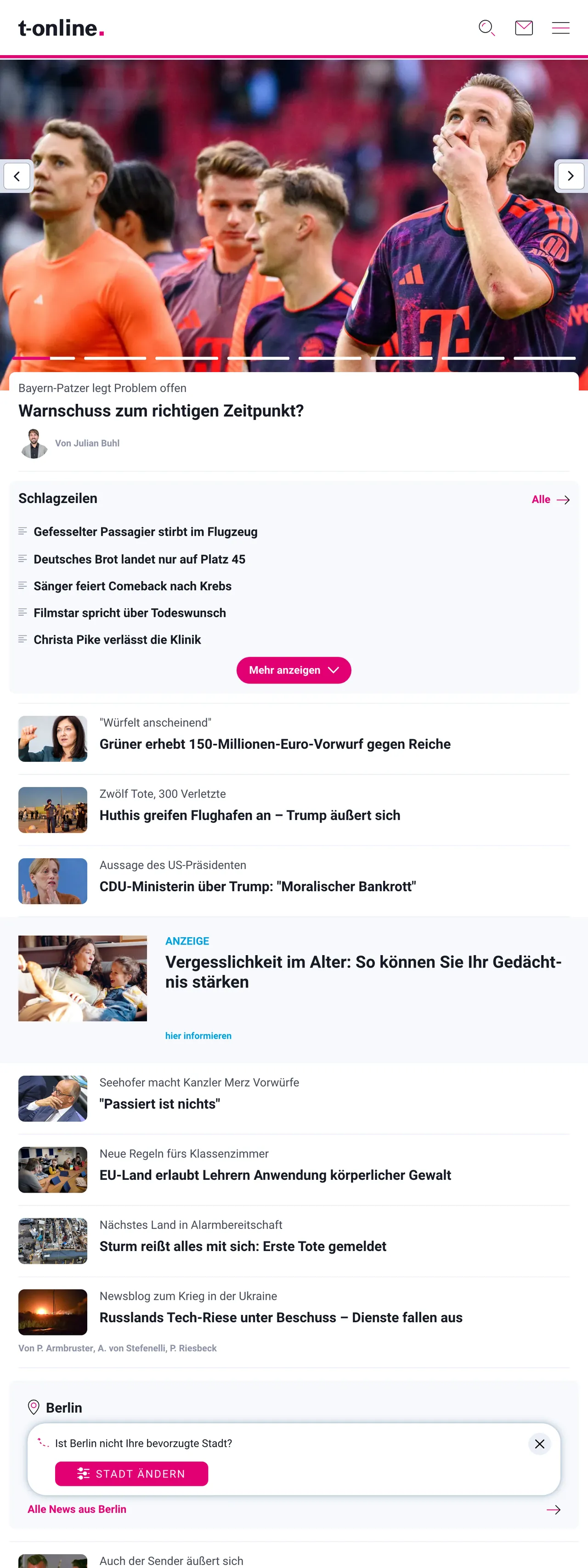 Screenshot of the t-online front page