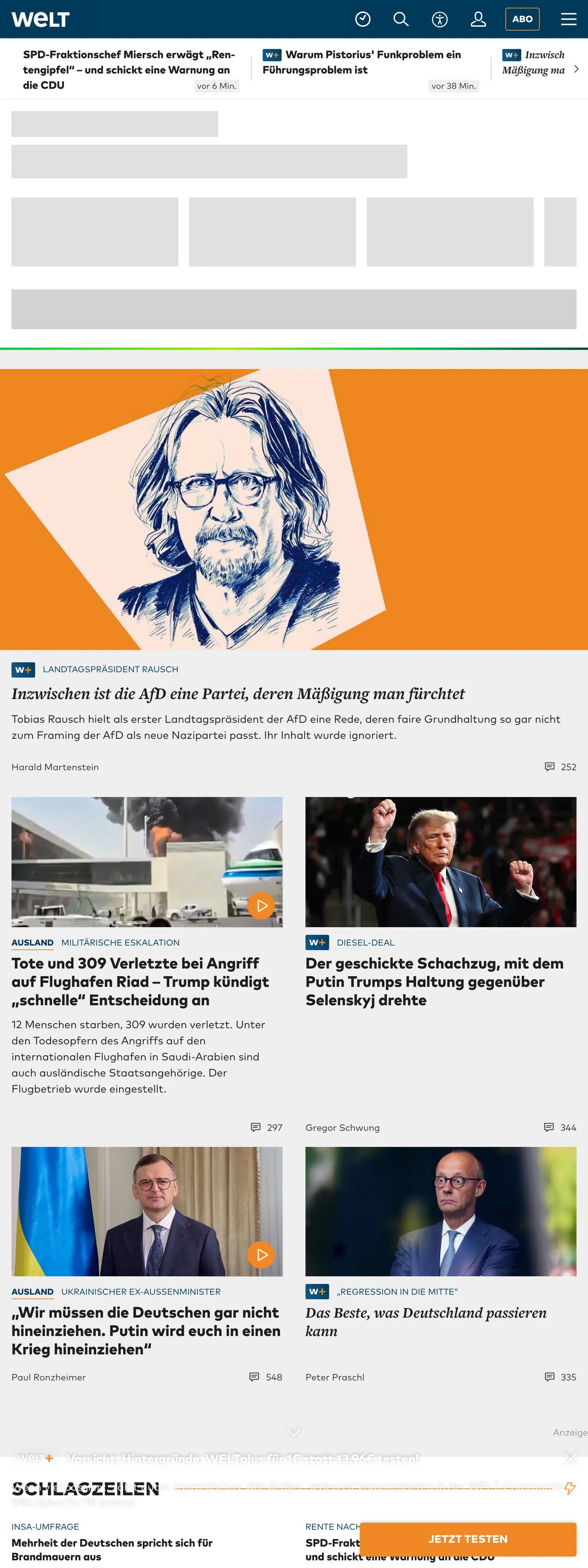 Screenshot of the WELT front page