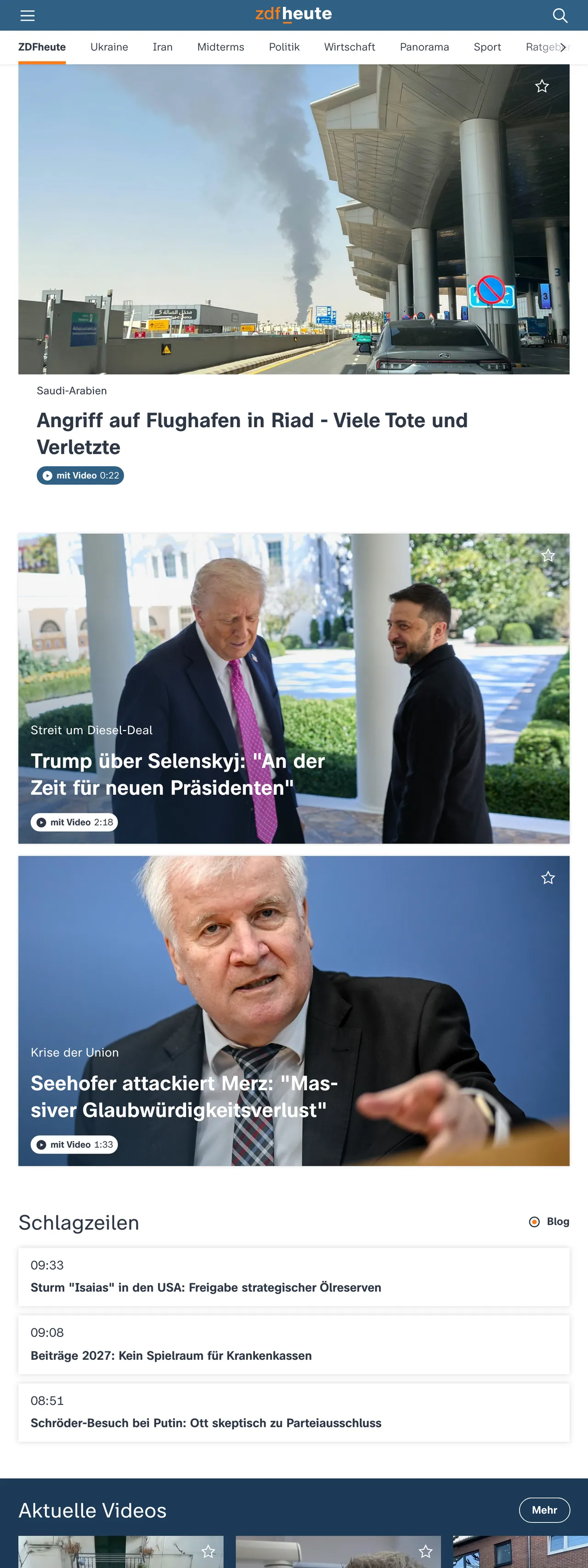 Screenshot of the ZDFheute front page