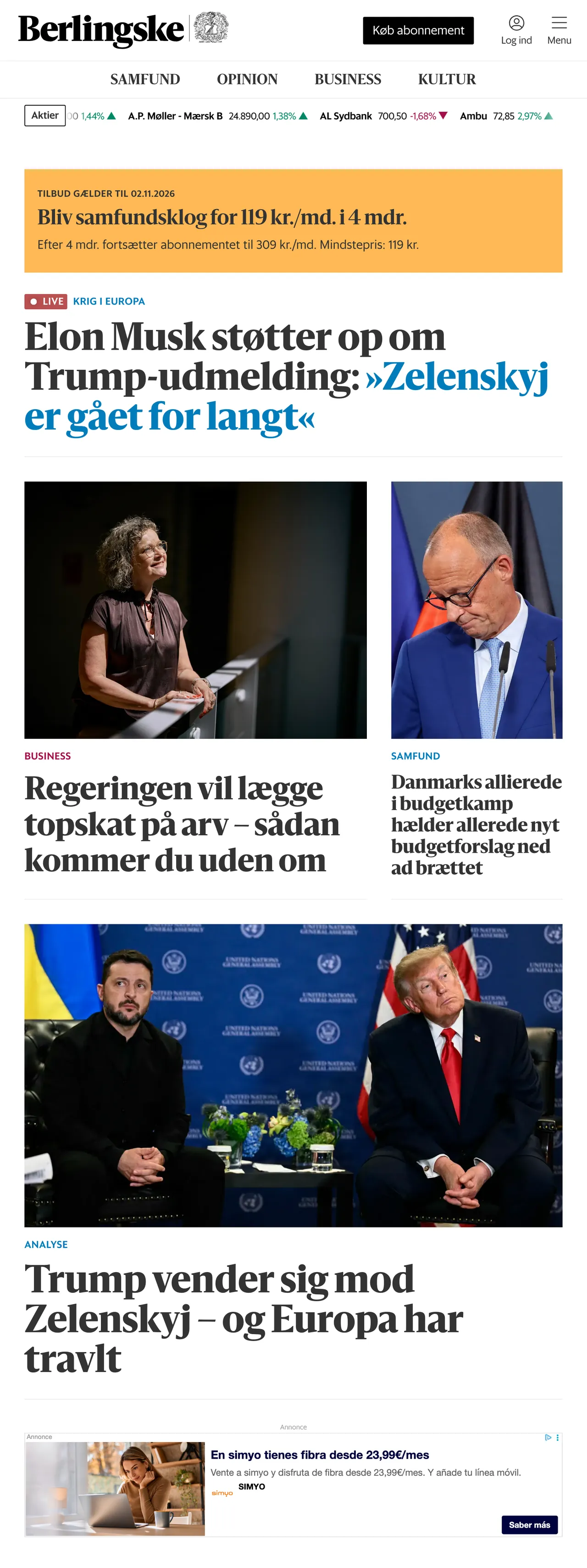 Screenshot of the Berlingske front page