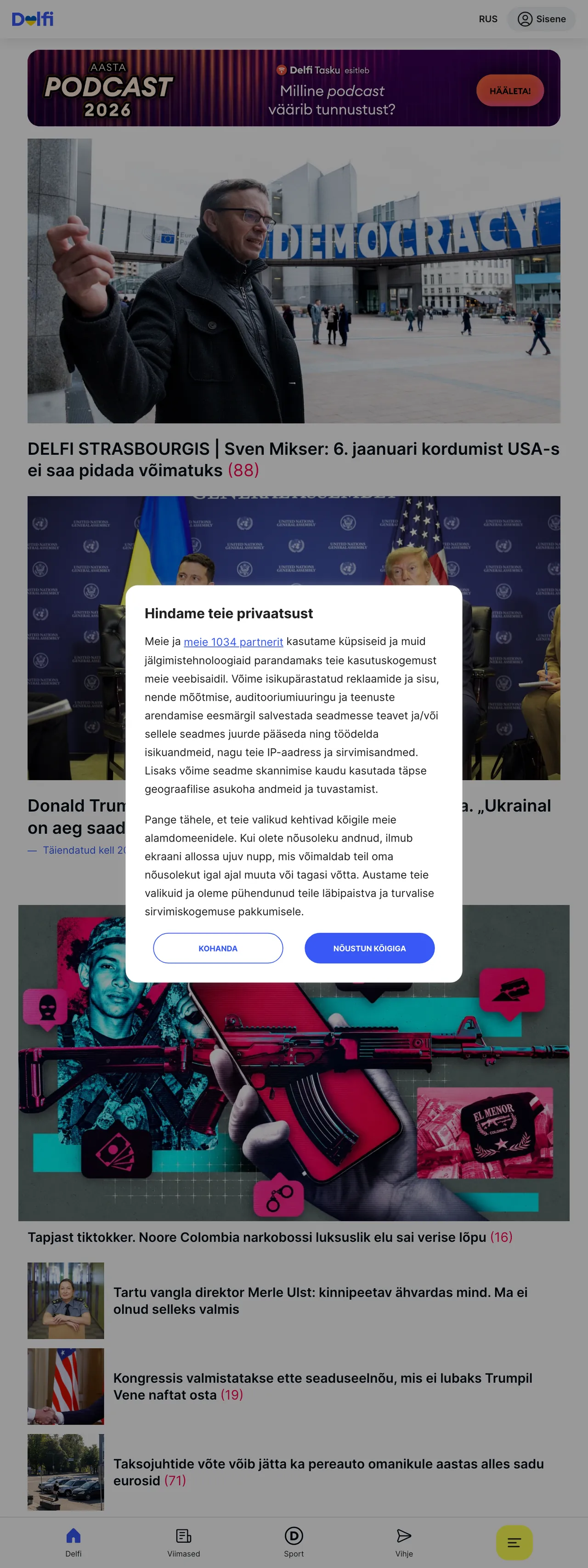 Screenshot of the Delfi front page