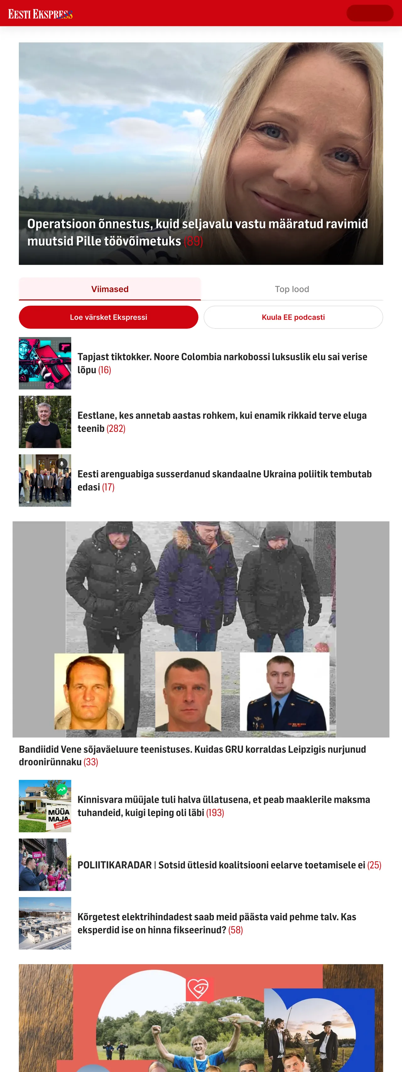 Screenshot of the Eesti Ekspress front page