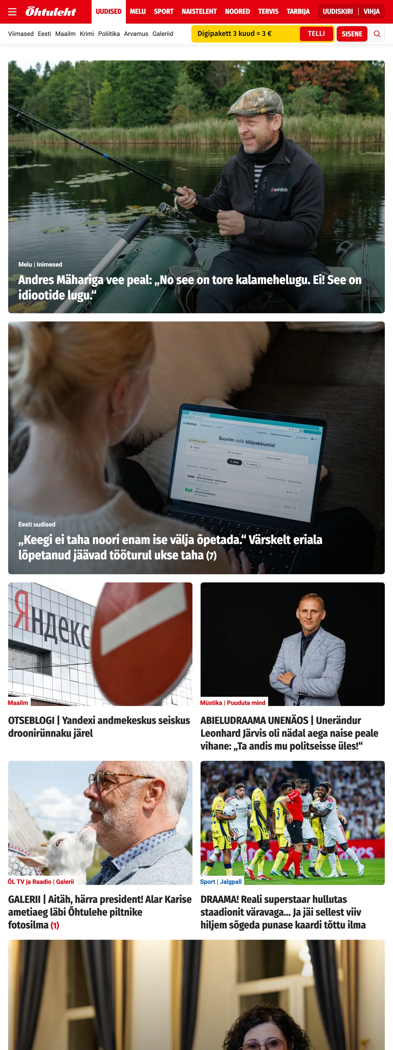 Screenshot of the Õhtuleht front page
