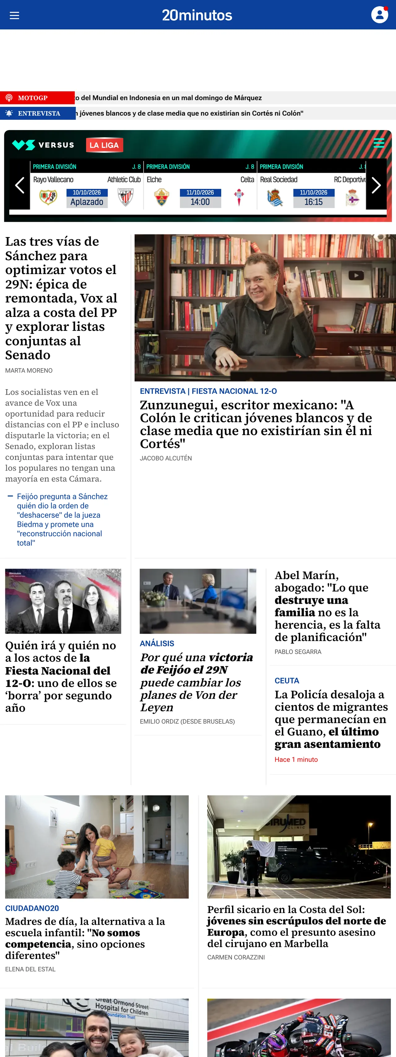 Screenshot of the 20minutos front page