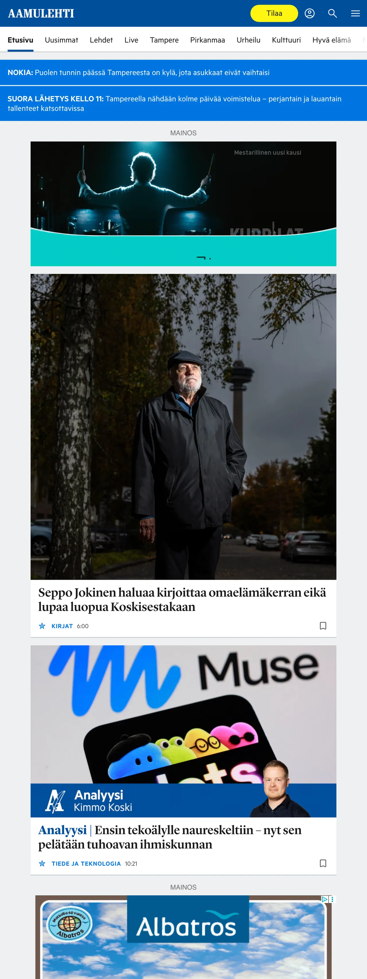 Screenshot of the Aamulehti front page