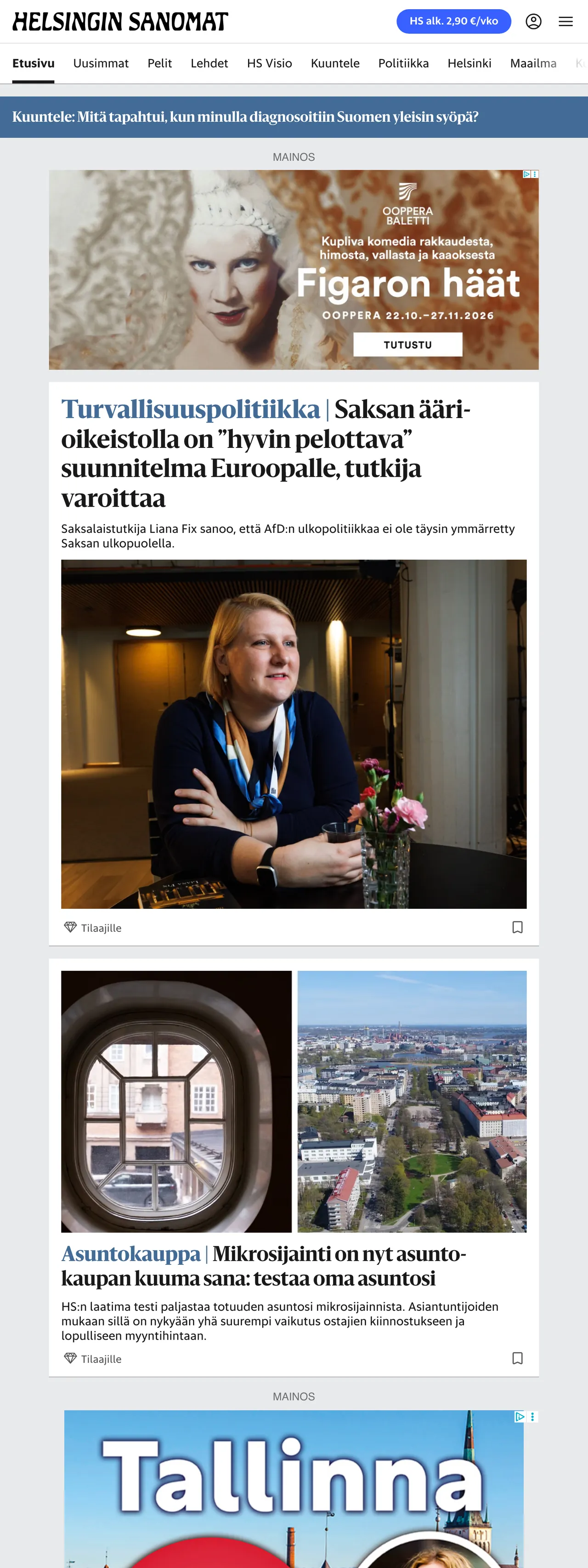 Screenshot of the Helsingin Sanomat front page