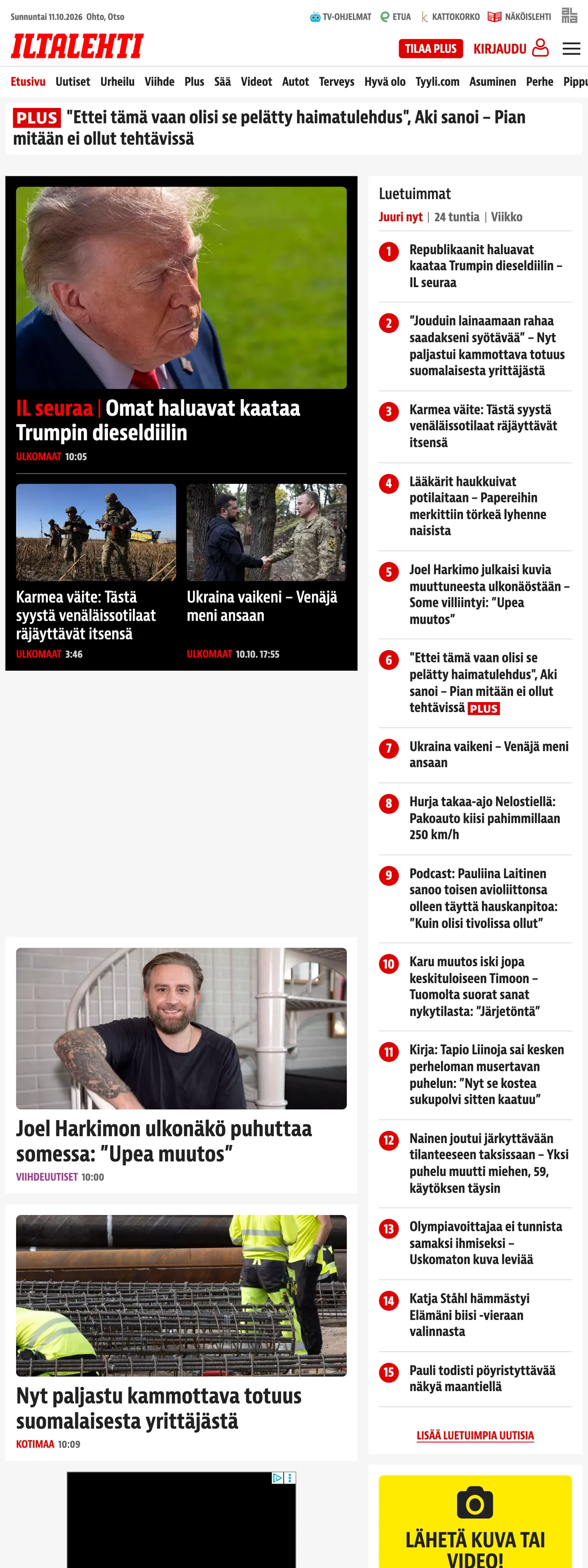 Screenshot of the Iltalehti front page