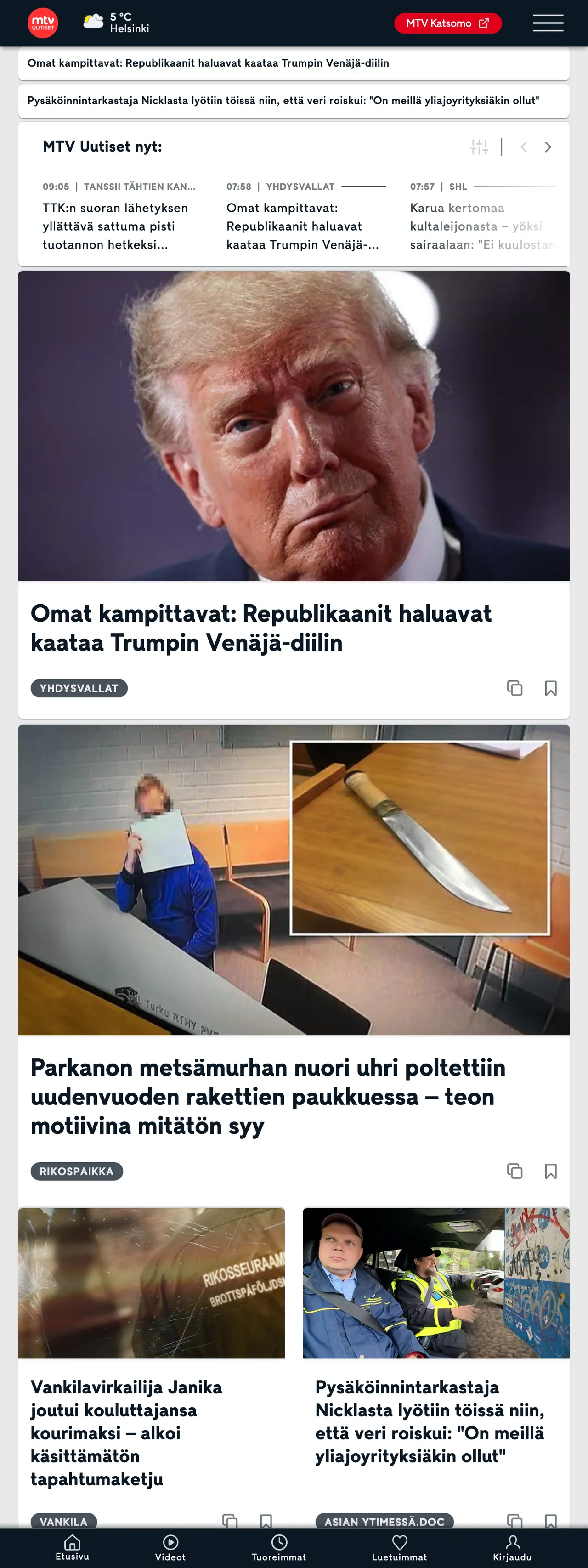 Screenshot of the MTV Uutiset front page