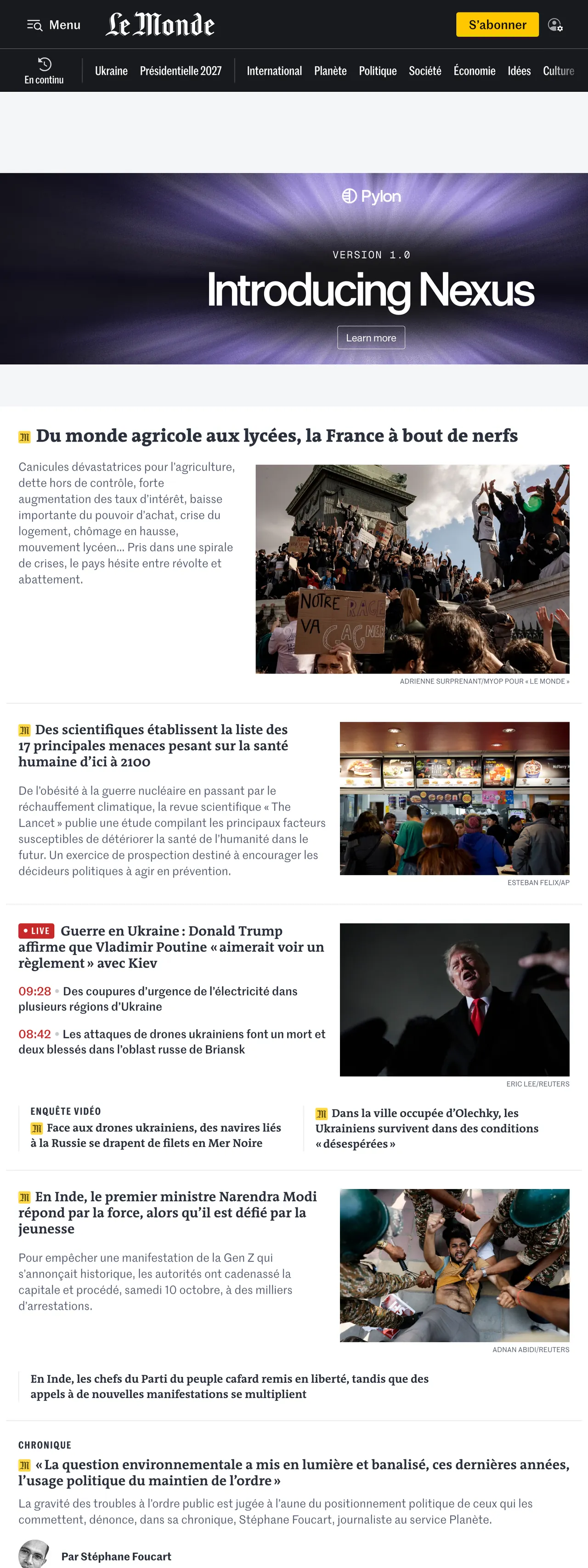 Screenshot of the Le Monde front page