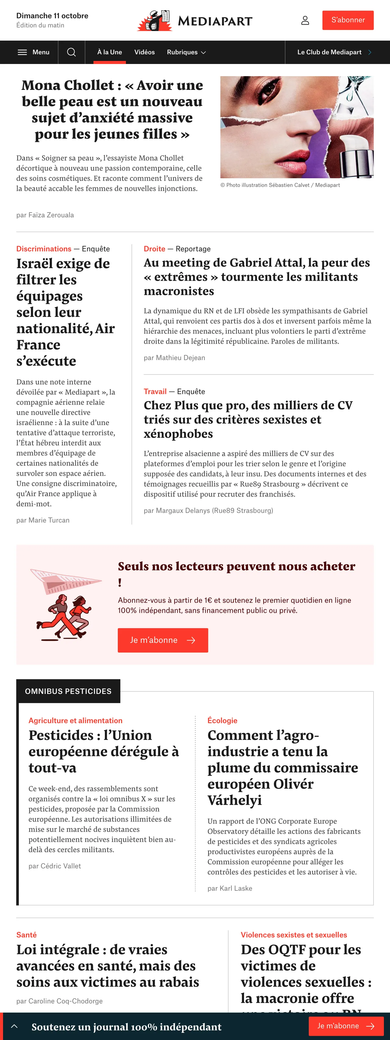 Screenshot of the Mediapart front page