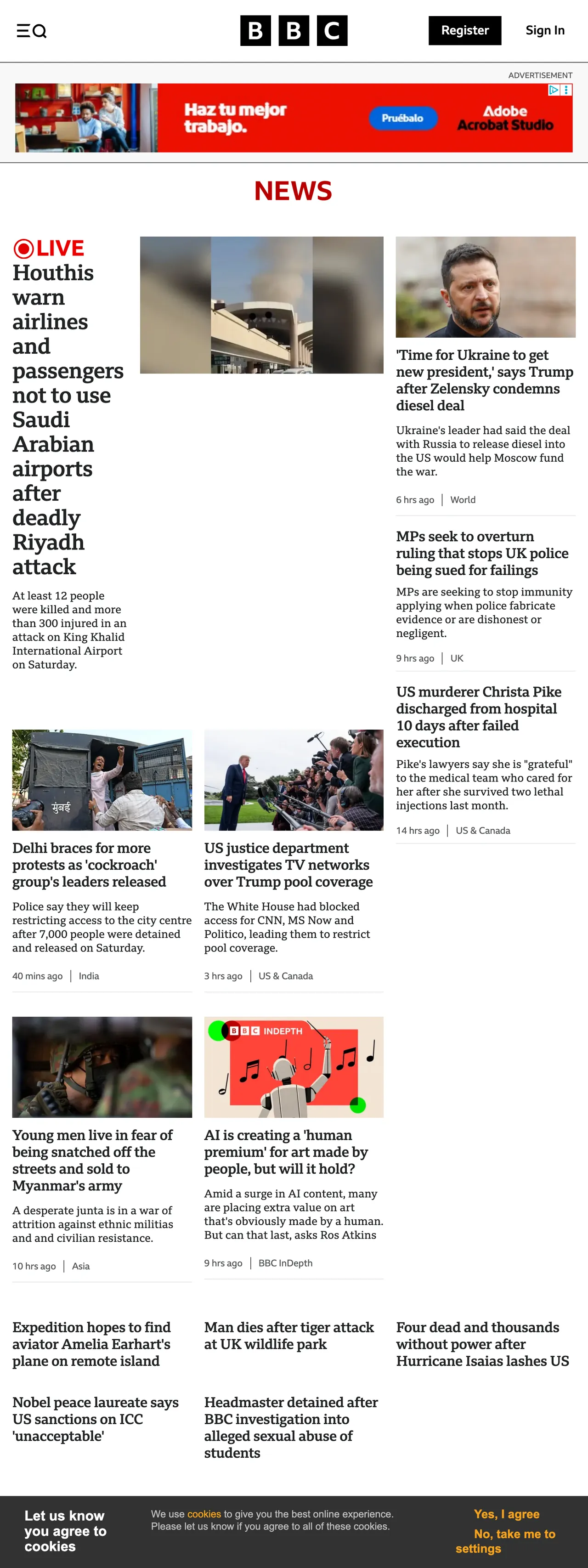 Screenshot of the BBC News front page