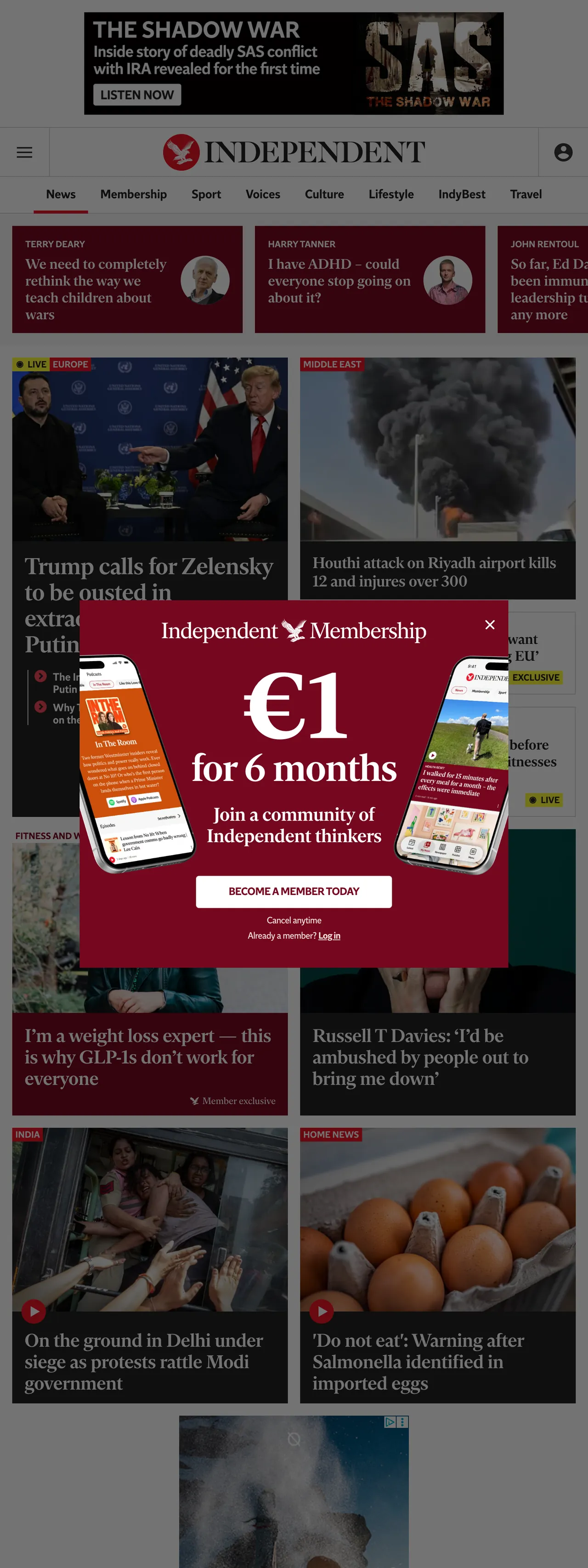 Screenshot of the The Independent front page