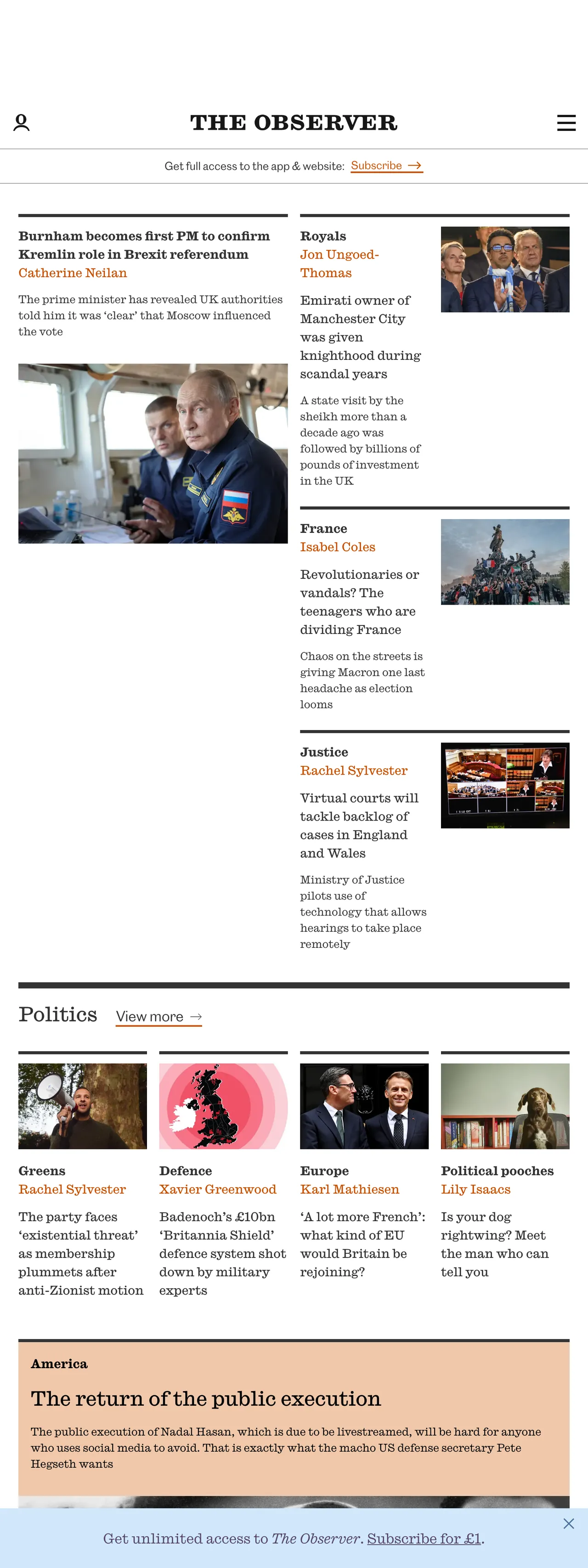 Screenshot of the The Observer front page