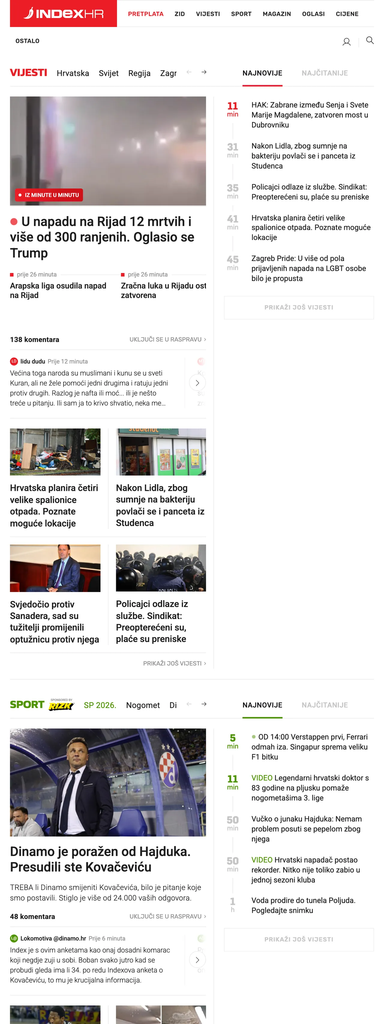 Screenshot of the Index.hr front page