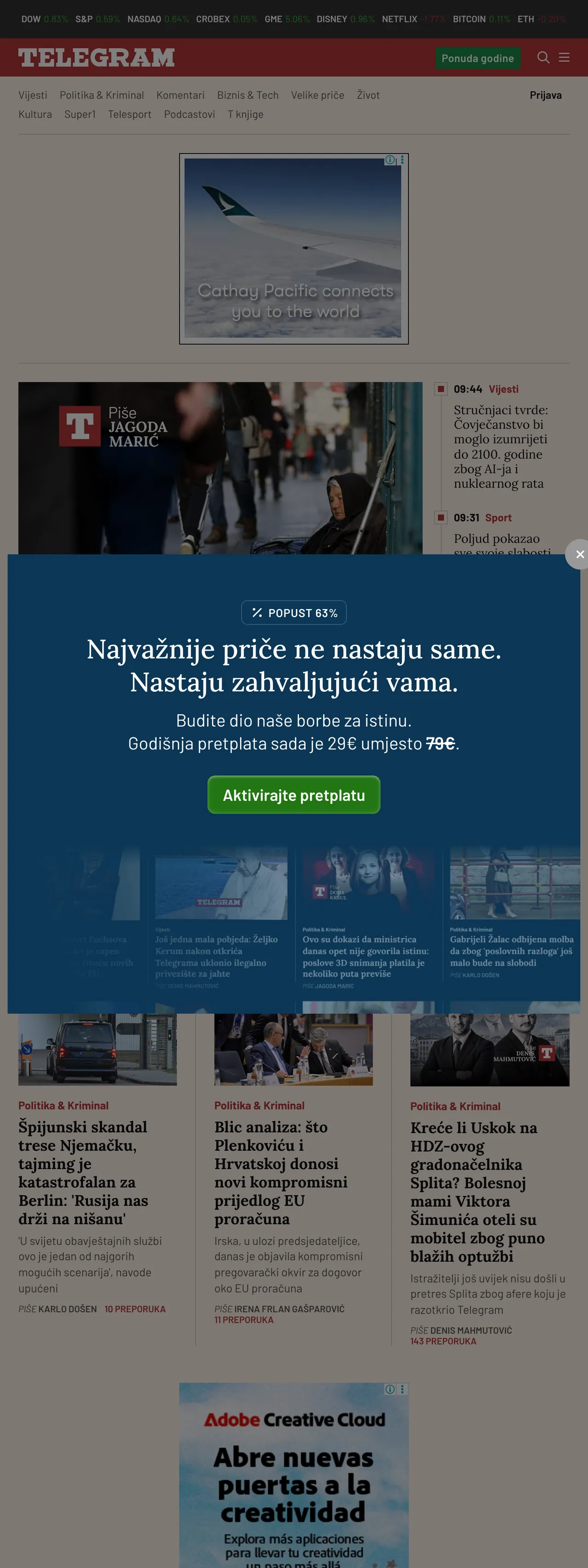 Screenshot of the Telegram.hr front page