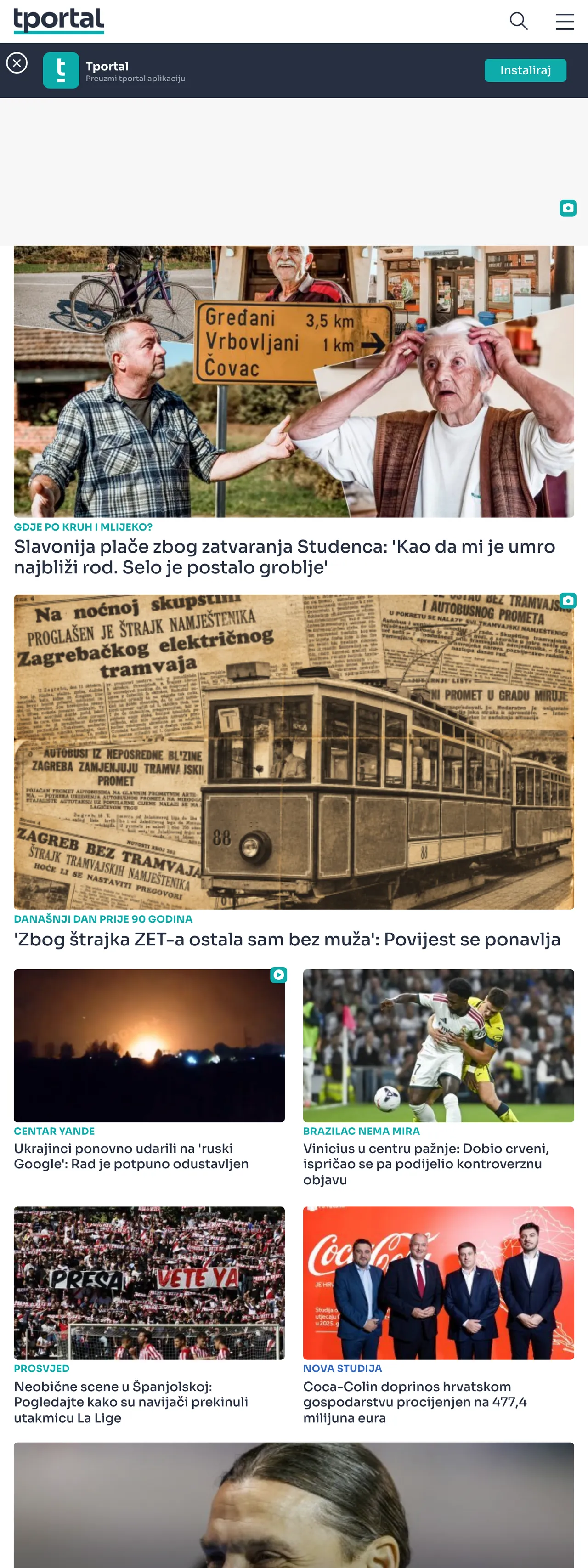 Screenshot of the tportal front page