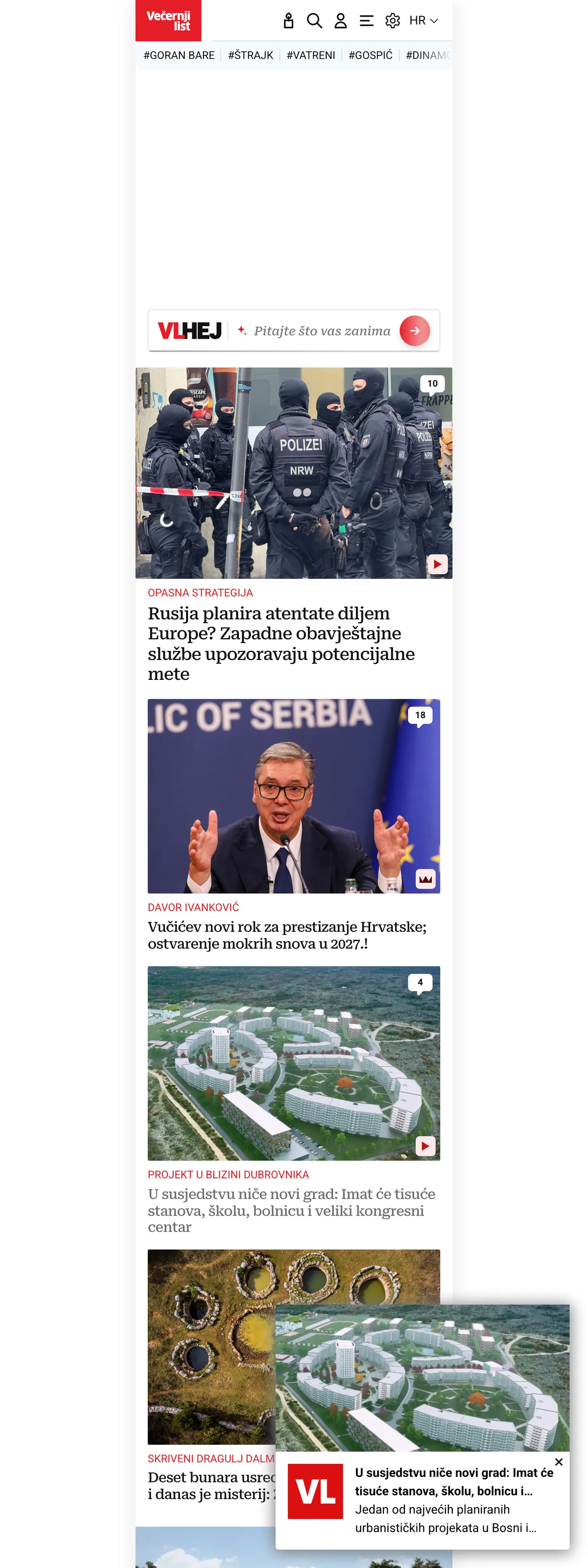 Screenshot of the Večernji list front page