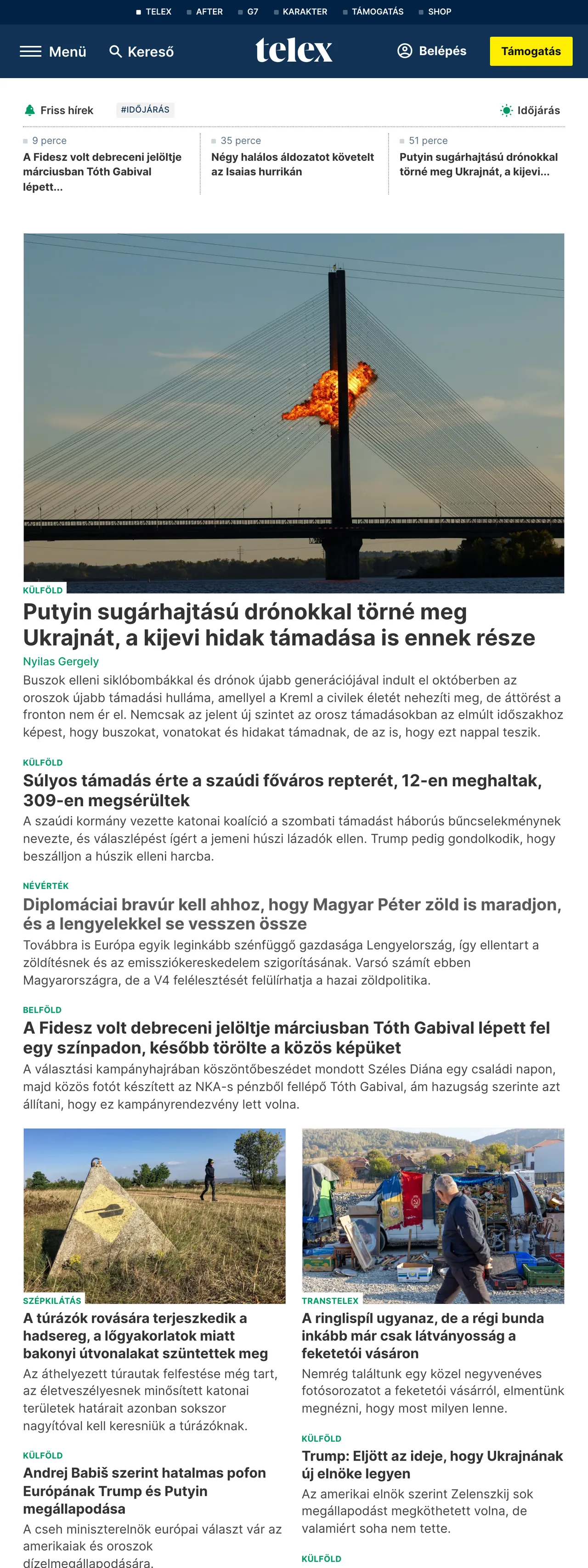 Screenshot of the Telex front page