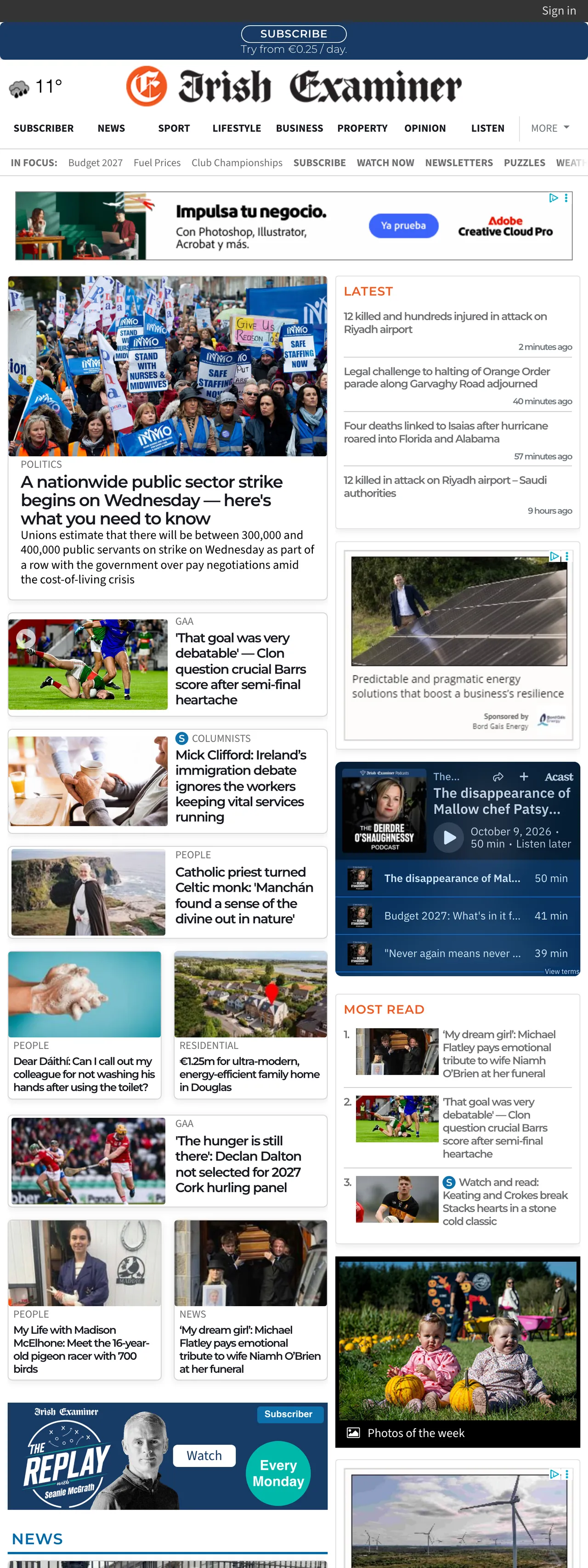 Screenshot of the Irish Examiner front page
