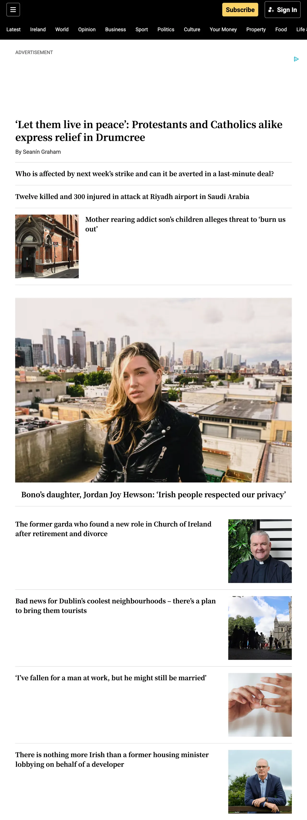 Screenshot of the The Irish Times front page