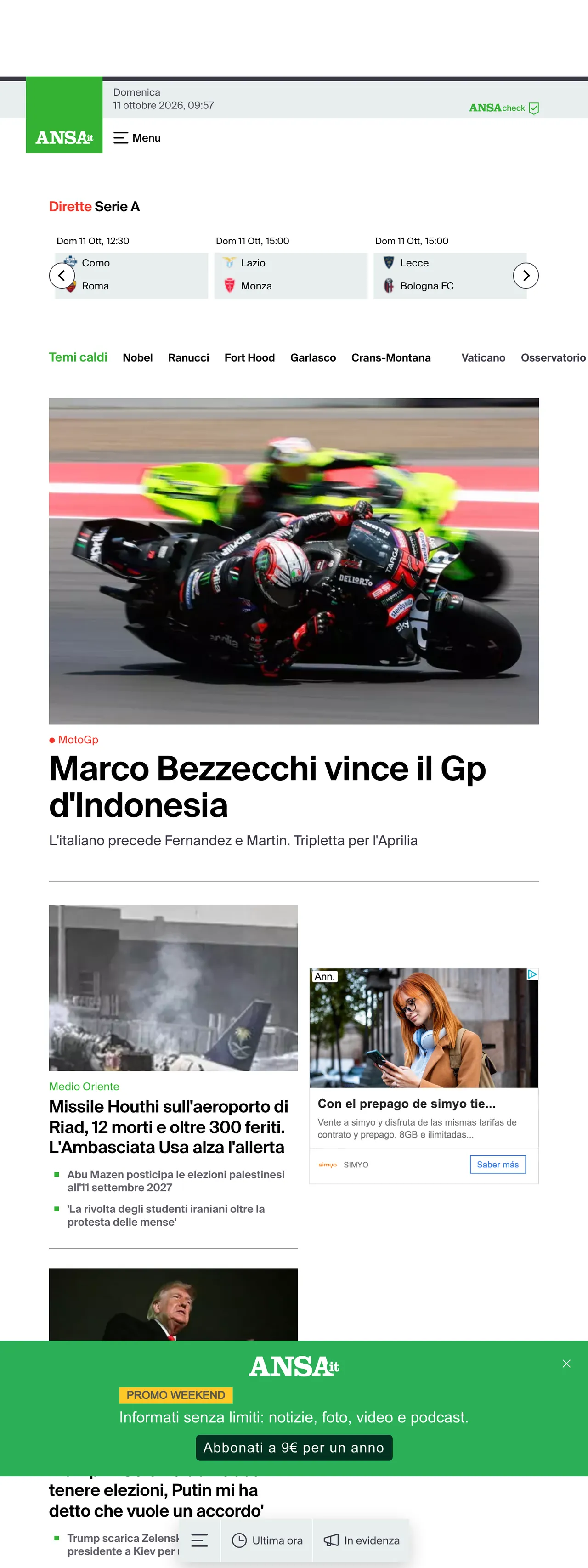 Screenshot of the ANSA front page