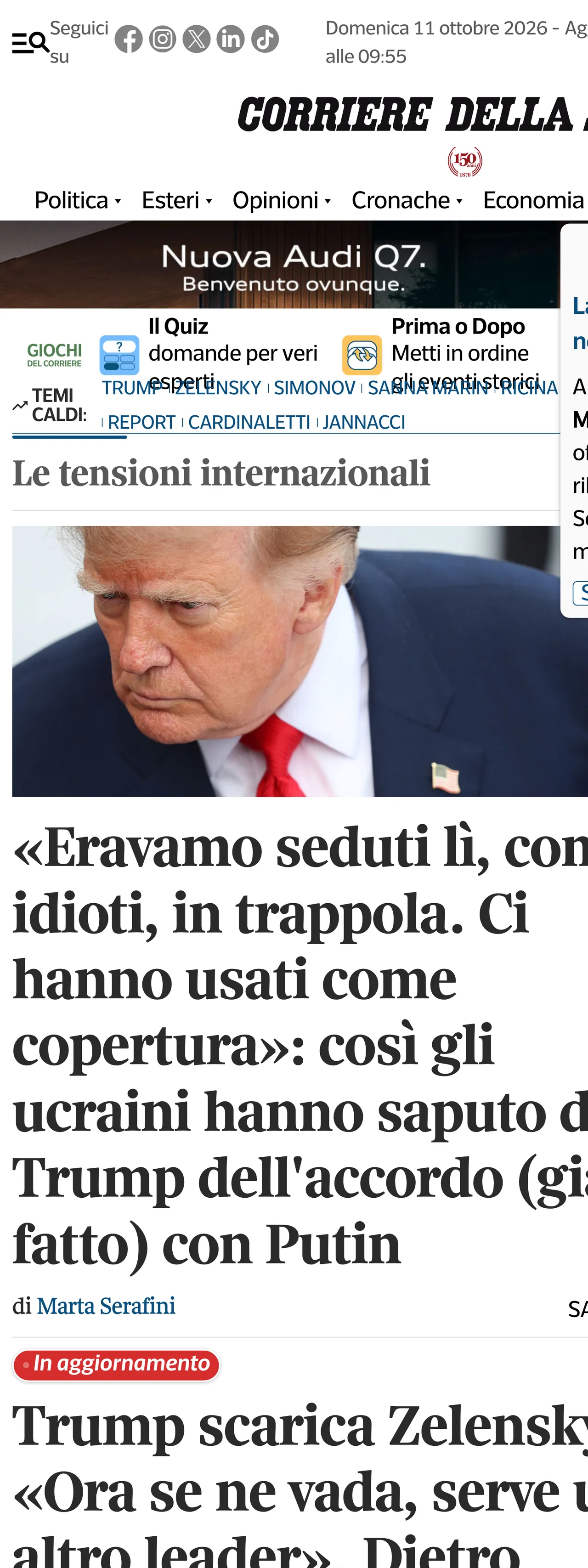 Screenshot of the Corriere della Sera front page